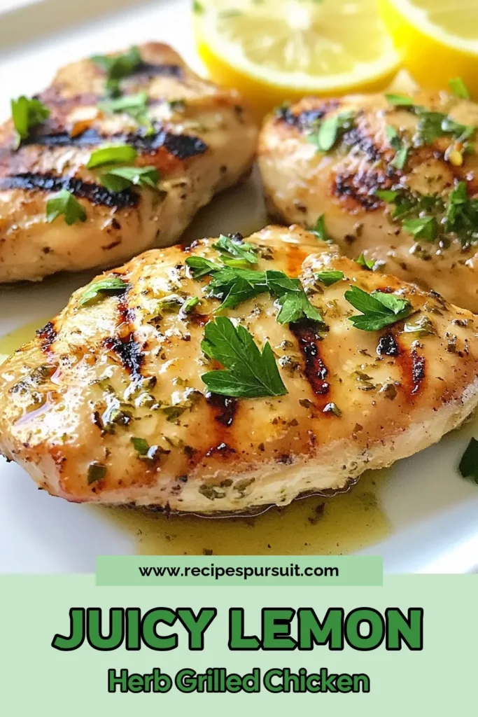 Discover the ultimate Lemon Herb Grilled Chicken recipe that will transform your dinner routine! This flavorful grilled chicken recipe features a healthy chicken marinade with fresh lemon juice and aromatic herbs. Perfect for a quick lemon chicken dinner, this grilled chicken breast recipe is easy to follow and incredibly delicious. Save this recipe for your next meal and impress your family and friends! #GrilledChicken #HealthyRecipes #ChickenDinner #LemonChicken