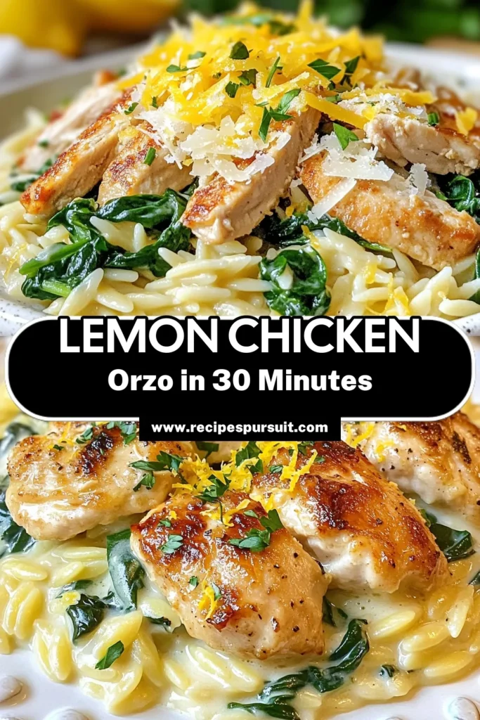 Savor the deliciousness of Lemon Parmesan Chicken Orzo! This easy chicken dinner combines tender chicken, creamy lemon sauce, and wholesome orzo pasta for a satisfying meal. Perfect for weeknight dinners, this creamy lemon chicken dish features fresh spinach and Parmesan cheese. Ready in just 30 minutes, it's a must-try for your dinner table. Save this recipe to enjoy a flavorful and quick dinner tonight! #LemonParmesanChicken #OrzoPastaRecipes #EasyChickenDinner #CreamyLemonChicken