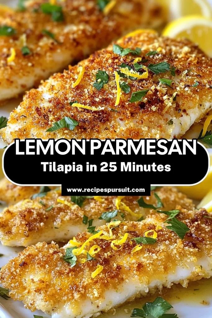 Indulge in this delicious Lemon Parmesan Crusted Tilapia, the perfect Baked Tilapia Recipe for busy weeknights! This zesty fish dish combines crispy Parmesan crust with a bright lemon flavor, making it an ideal choice for an Easy Seafood Dinner. Ready in just 25 minutes, your family will love this Parmesan Crusted Fish. Don’t miss out on this delightful recipe—save it now! #LemonParmesanTilapia #BakedTilapiaRecipe #ZestyFishDishes #EasySeafoodDinner