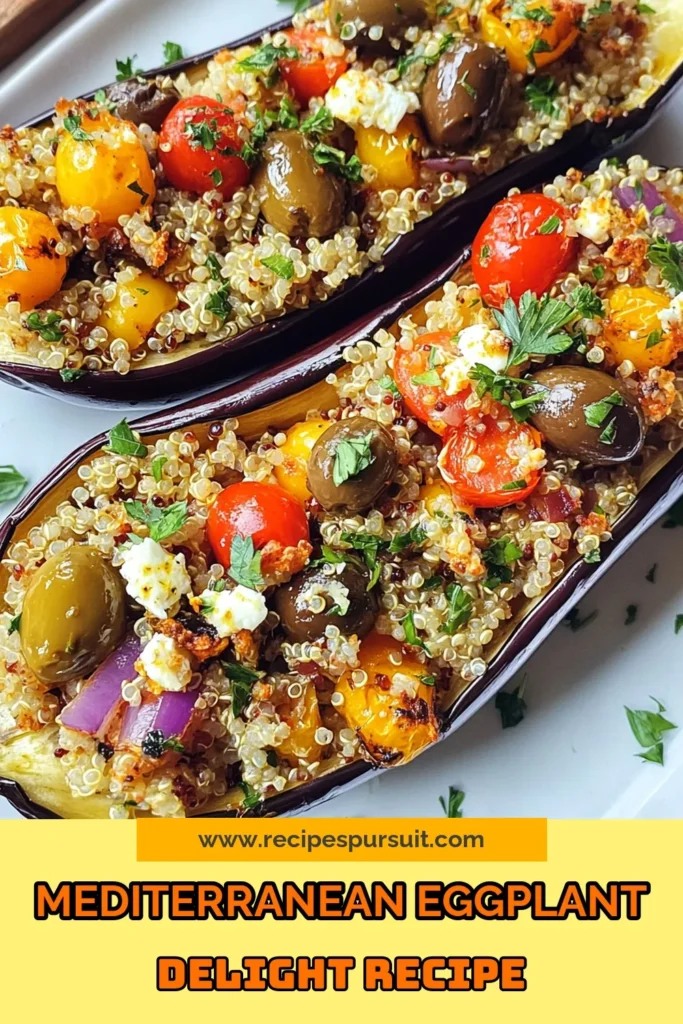 Discover the deliciousness of Mediterranean stuffed eggplant! This easy recipe features quinoa stuffed eggplant filled with a savory mix of cherry tomatoes, Kalamata olives, and crumbled feta. Perfect as a healthy Mediterranean dish, this vegetarian eggplant recipe is baked to perfection and sure to impress. Try it for a nutritious dinner tonight! Save and share this baked eggplant with feta recipe! #MediterraneanRecipes #Vegetarian #HealthyEating #EggplantDishes