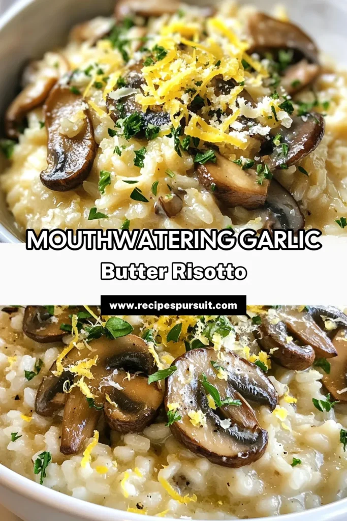 Indulge in this delightful Garlic Butter Risotto, a creamy garlic mushroom dish that's easy to make and incredibly satisfying. Our Mushroom Risotto Recipe features Arborio rice cooked to perfection, blending savory flavors with vegetarian goodness. Perfect for a comforting dinner, this Easy Arborio Rice Risotto is both simple and delicious. Try it today for a taste of gourmet at home! Don't forget to save for later! #GarlicButterRisotto #MushroomRisotto #VegetarianRecipes #RisottoLove