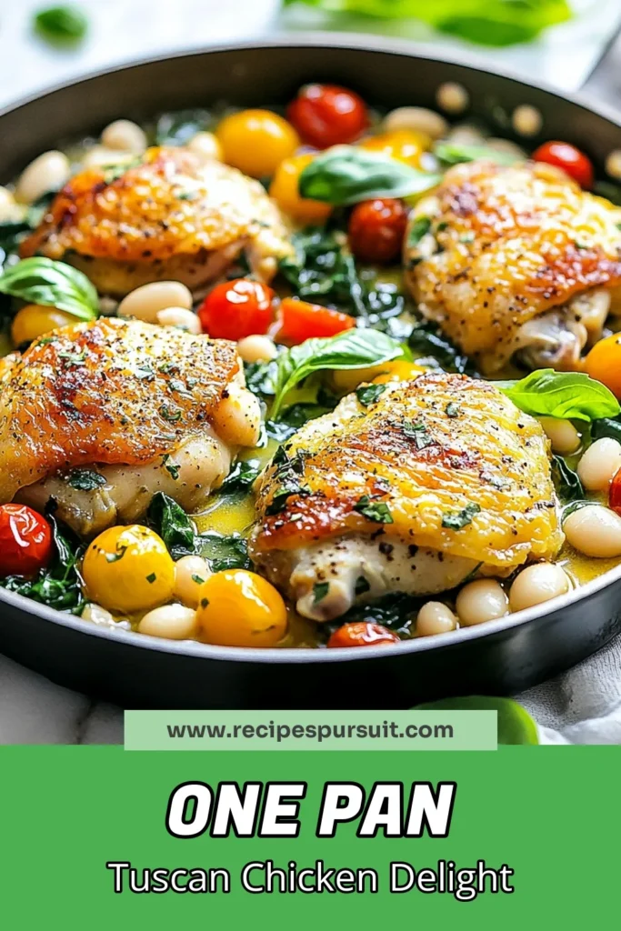 Discover the deliciousness of this Tuscan White Bean Chicken Skillet, a healthy chicken skillet dinner that's both easy and satisfying. This one pan Tuscan chicken recipe features tender chicken thighs, white beans, cherry tomatoes, and fresh spinach, perfect for a quick weeknight meal. Try this easy spinach and chicken recipe tonight and experience a burst of Italian flavors! Save this dish for your next dinner inspiration! #TuscanChickenSkillet #HealthyDinner #OnePanMeal #EasyRecipes