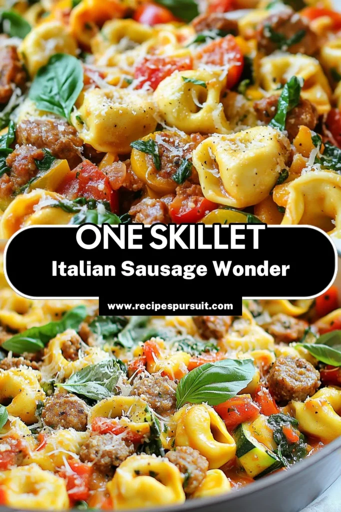 Discover the ultimate Italian sausage tortellini skillet recipe that's both simple and delicious. This one-pan sausage skillet comes together effortlessly, featuring cheesy tortellini with fresh vegetables like zucchini and spinach. Perfect for a quick weeknight dinner, this easy Italian pasta dish is sure to impress! Don't miss out on this tasty meal—save it now! #ItalianSausageTortellini #SkilletRecipe #OnePanMeal #EasyPastaDish