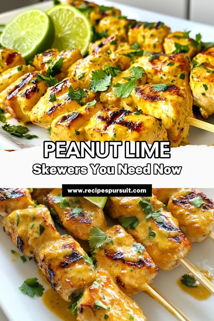 Discover the deliciousness of Peanut Lime Chicken Skewers that make the perfect easy chicken skewers for any gathering! This marinated chicken skewers recipe features tender chicken grilled to perfection, infused with Asian-inspired flavors from peanut butter and lime. Impress your family and friends with this simple yet flavorful grilled chicken recipe. Try it today and elevate your BBQ game! Save this recipe! #ChickenSkewers #GrilledChicken #EasyRecipes #AsianInspiredCooking