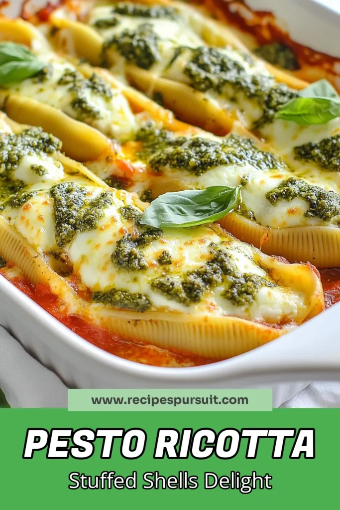 Discover the deliciousness of Pesto Ricotta Stuffed Shells, a perfect easy pasta bake for any occasion! This Jumbo Pasta Shells Recipe features creamy ricotta stuffed pasta topped with fresh basil pesto and gooey mozzarella. It's a delightful vegetarian Italian dish that your family will adore. Ready in just 55 minutes, it's perfect for weeknight dinners or gatherings. Try this Ricotta Stuffed Pasta tonight! Save this recipe for later! #PastaRecipes #EasyDinner #ItalianCuisine #VegetarianRecipes