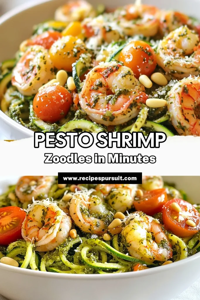 Savor the deliciousness of Pesto Shrimp Zoodles, a healthy shrimp recipe that will elevate your meals! This low carb zoodle meal combines fresh zucchini noodles with succulent shrimp and homemade pesto for a flavorful burst. Perfect for a quick dinner, this zucchini noodles recipe is sure to impress. Try this shrimp and pesto dish for a nutritious and satisfying meal. Save this recipe now for a tasty night in! #PestoShrimpZoodles #HealthyShrimpRecipe #Zoodles #LowCarbMeal