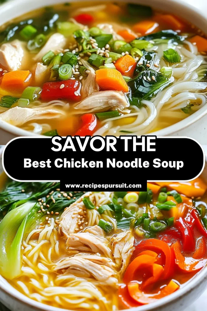 Savor the warmth and flavor of this Sesame Ginger Chicken Noodle Soup, a delightful twist on the classic chicken noodle soup recipe. Loaded with healthy chicken broth, tender chicken, vibrant bok choy, and silky noodles, this easy Asian noodle soup is perfect for any day. Enjoy a bowl of goodness that’s both comforting and nutritious. Try it today and save for later! #SesameGingerChickenSoup #HealthySoup #AsianNoodles #ChickenNoodleSoupRecipe