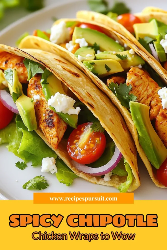 Spice up your dinner routine with these delicious Spicy Chipotle Chicken Wraps! This quick chicken dinner features a flavorful chipotle chicken recipe wrapped in healthy tortilla wraps, packed with fresh veggies like lettuce, tomatoes, and avocado. Perfect for busy nights, these Mexican wrap recipes are sure to impress. Try it today and enjoy a taste of Mexico at home! Save for later! #SpicyChickenWraps #ChipotleChickenRecipe #HealthyTortillaWraps #QuickChickenDinner