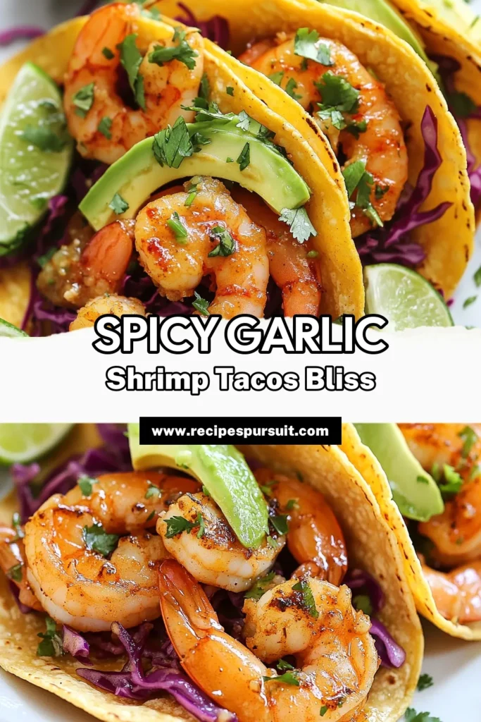 Discover the deliciousness of Spicy Garlic Shrimp Tacos! This easy taco recipe features tender garlic shrimp combined with crunchy taco toppings like shredded red cabbage and creamy avocado, all wrapped in warm corn tortilla tacos. Perfect for quick weeknight dinners, these spicy shrimp tacos will impress your family and friends. Ready to spice up your taco night? Save this garlic shrimp recipe now! #SpicyShrimpTacos #EasyTacoRecipes #ShrimpTacoToppings #GarlicShrimpRecipe