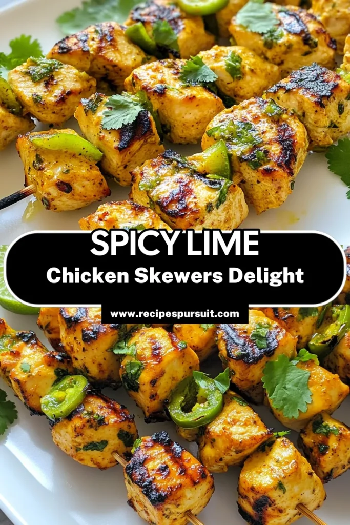 Spice up your grilling game with these delicious Spicy Jalapeño Lime Chicken Skewers! This easy chicken skewers recipe features tender grilled chicken marinated in a zesty jalapeño lime mixture, perfect for summer barbecues. Serve up cilantro lime chicken skewers at your next gathering and watch them disappear! Get this mouthwatering jalapeño lime chicken recipe today and impress your guests. Save this tasty treat for later! #ChickenSkewers #GrilledChicken #SpicyChicken #EasyRecipes