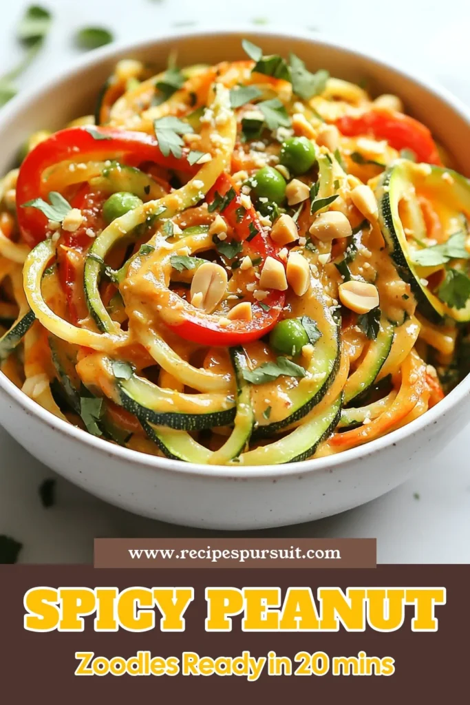 Indulge in this delicious and healthy Thai noodles recipe with Spicy Thai Peanut Zoodles. This vegan zoodle dish features fresh zucchini noodles, vibrant veggies, and a quick peanut sauce recipe that's both easy and flavorful. Perfect for a weeknight meal, this recipe is ready in just 20 minutes! Try it today and impress your taste buds! Save this Spicy Thai Peanut Zoodles recipe for a tasty, nutritious boost! #HealthyRecipes #VeganFood #ZucchiniNoodles #ThaiCuisine