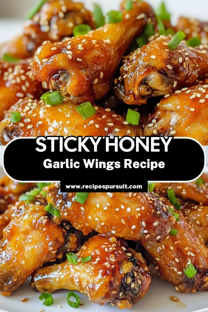 Indulge in these delectable honey garlic chicken wings! This sticky chicken wing recipe is perfect for gatherings and game days. With easy chicken wing marinade featuring honey, soy sauce, and garlic, you’ll achieve the ultimate flavor. These baked chicken wings with honey turn out crispy and golden every time. Try these crispy honey garlic wings today and make your next meal unforgettable! Save this recipe now! #ChickenWings #HoneyGarlic #EasyRecipes #BakedWings