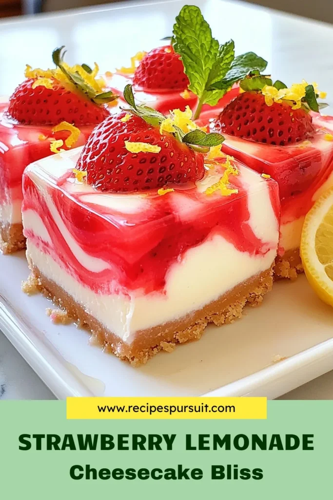 Indulge in the delightful flavors of Strawberry Lemonade Cheesecake Bars! This easy cheesecake dessert combines creamy layers of strawberry and lemon for the perfect treat. Explore this cheesecake bars recipe that’s a hit at any gathering. Try these no-bake cheesecake variations for effortless enjoyment. Don’t miss out on this lemon strawberry dessert recipe! Save this recipe now and impress your loved ones. #cheesecakebars #strawberrylemonade #dessertrecipe #nobakecheesecake