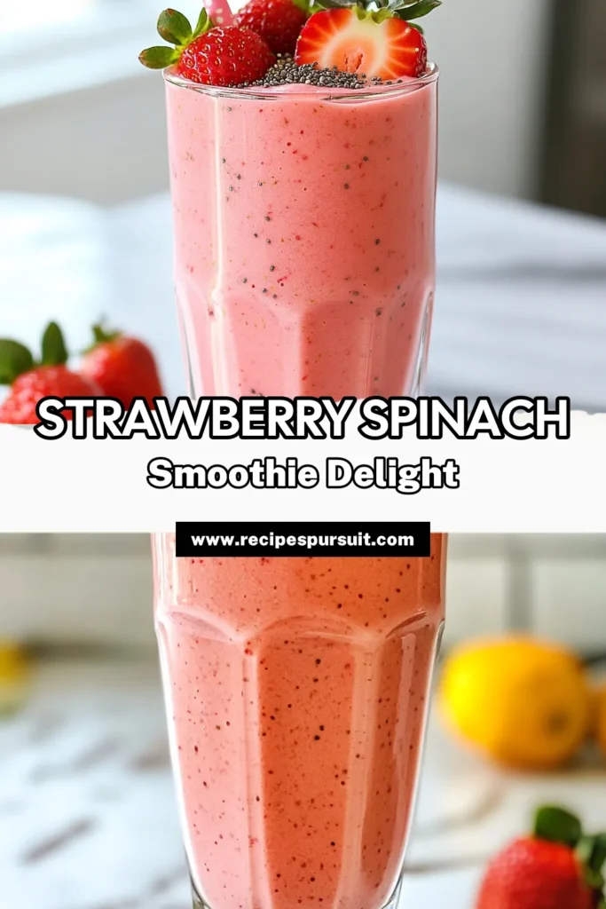 Enjoy a vibrant and nutritious strawberry spinach smoothie that’s perfect for any time of day! This healthy green smoothie combines fresh strawberries, spinach, and banana blended with creamy almond milk for a deliciously refreshing smoothie recipe. Packed with chia seeds, this chia seed smoothie recipe is not only tasty but also a booster for your health. Save this recipe and enjoy a guilt-free treat! #StrawberrySpinachSmoothie #HealthyGreenSmoothie #ChiaSeedSmoothie #AlmondMilkSmoothie