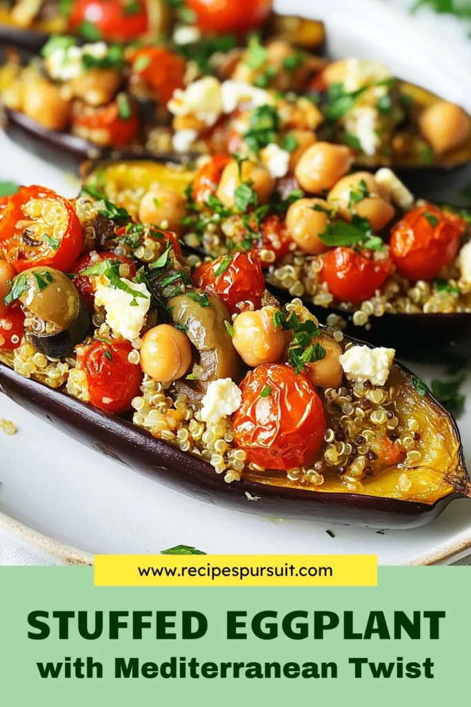 Savor the flavors of the Mediterranean with this Mediterranean stuffed eggplant recipe! Perfect for healthy eating, this dish features baked stuffed eggplant filled with quinoa, chickpeas, and fresh vegetables, making it one of the best vegetarian eggplant dishes you'll ever try. Embrace the Mediterranean diet with these delicious and nutritious vegetarian recipes. Save this healthy quinoa recipe for your next dinner! #MediterraneanDiet #HealthyRecipes #VegetarianDishes #QuinoaCooking