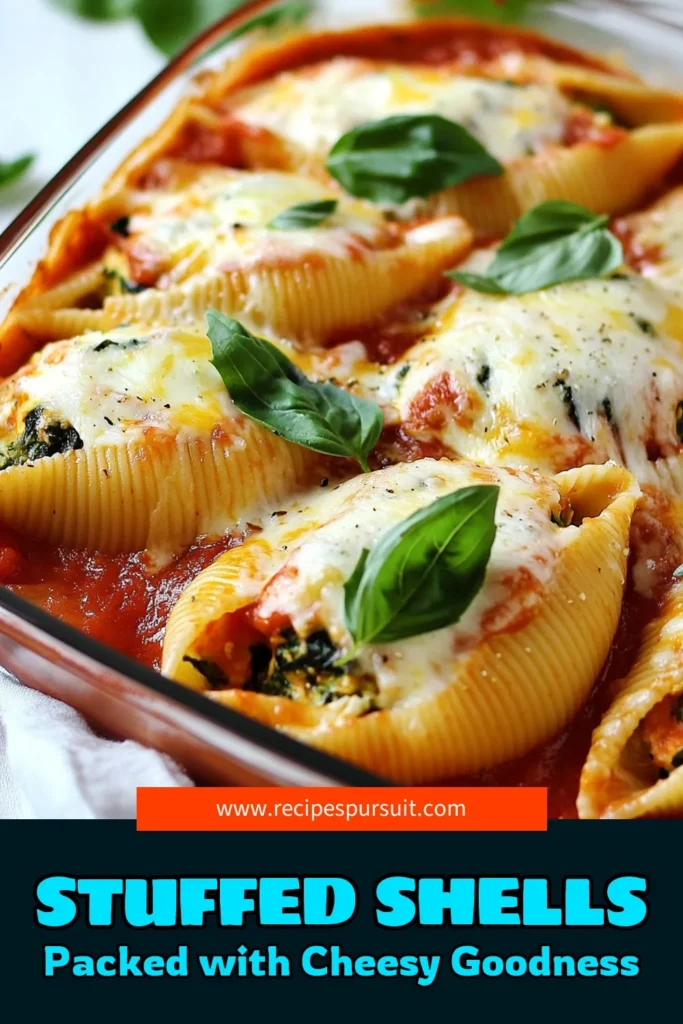 Discover the ultimate comfort food with this Cheesy Spinach Stuffed Shells recipe! Packed with fresh spinach and creamy ricotta, this Jumbo Pasta Shells Recipe is perfect for a cozy dinner. Easy and delicious, these Spinach and Ricotta Stuffed Pasta shells will impress vegetarians and pasta lovers alike. Don't miss out on this Easy Cheesy Pasta Recipe. Try it today and bring a taste of Italy home! #CheesySpinachStuffedShells #VegetarianPastaDishes #PastaRecipes #EasyDinnerIdeas