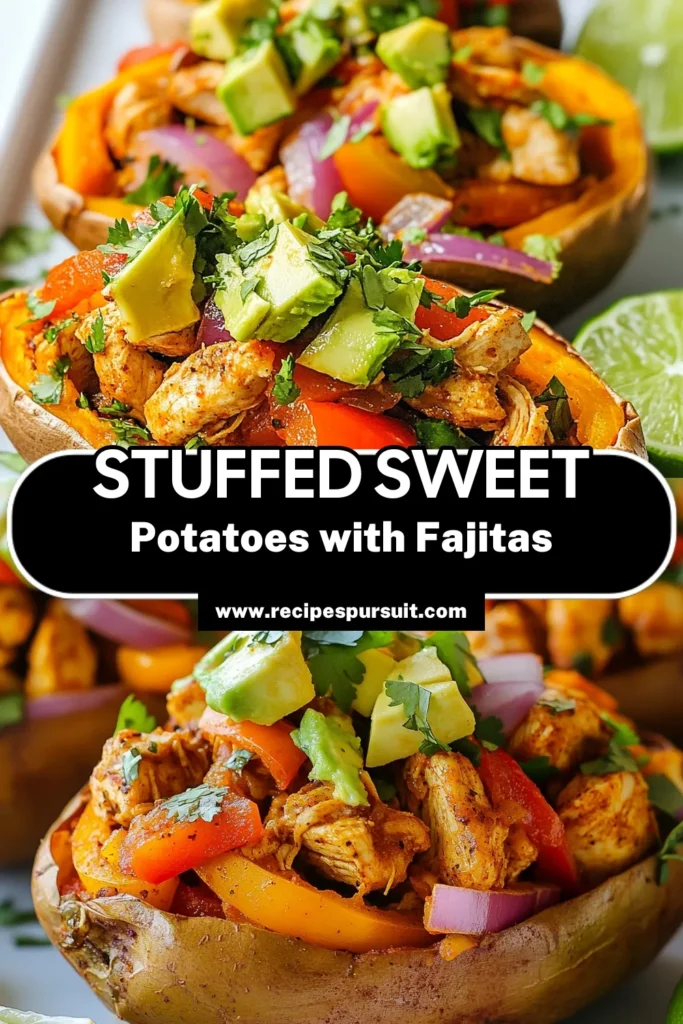 Discover the deliciousness of Chicken Fajita Stuffed Sweet Potatoes! This easy chicken fajita recipe combines healthy stuffed sweet potatoes with vibrant fajita sweet potato toppings like diced avocado and fresh cilantro. Perfect for a nutritious meal, baked sweet potatoes with chicken are packed with flavor and wholesome ingredients. Try this recipe today for a delightful dinner that’s sure to impress. Save it for later! #HealthyEating #Fajitas #StuffedSweetPotatoes #EasyRecipes