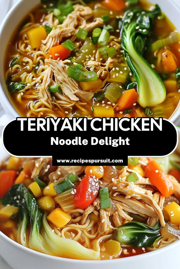 Discover the perfect comfort food with this Teriyaki chicken noodle soup recipe! This easy chicken noodle soup combines tender shredded chicken, vibrant veggies, and rice noodles in a delightful homemade teriyaki soup. It's a healthy noodle soup recipe that's quick to whip up, making it ideal for busy nights. Savor the delicious flavors and get inspired to make it today! Save this quick chicken noodle soup for later! #TeriyakiChicken #ChickenNoodleSoup #HealthyRecipes #QuickDinnerIdeas