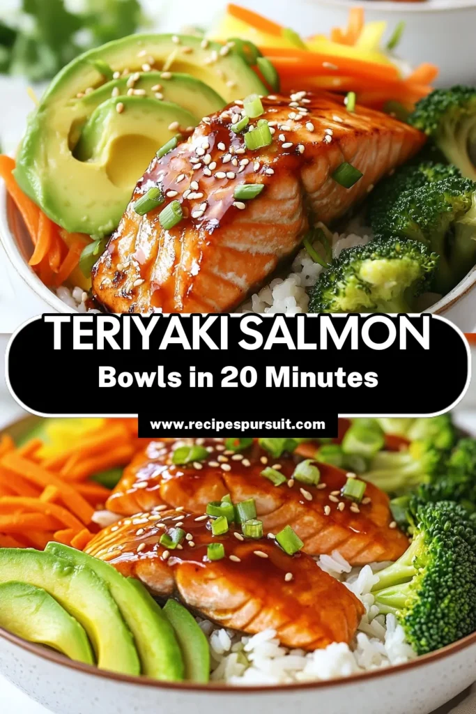 Looking for an easy salmon recipe that’s healthy and bursting with flavor? Try these Teriyaki Glazed Salmon Bowls! This teriyaki salmon bowl features tender salmon marinated in a delicious teriyaki sauce recipe, served over jasmine rice with fresh vegetables like broccoli, carrots, and avocado. Perfect for a quick yet nourishing dinner idea. Save this recipe for your next meal prep! #TeriyakiSalmon #HealthyDinnerIdeas #EasySalmonRecipe #SalmonWithVegetables