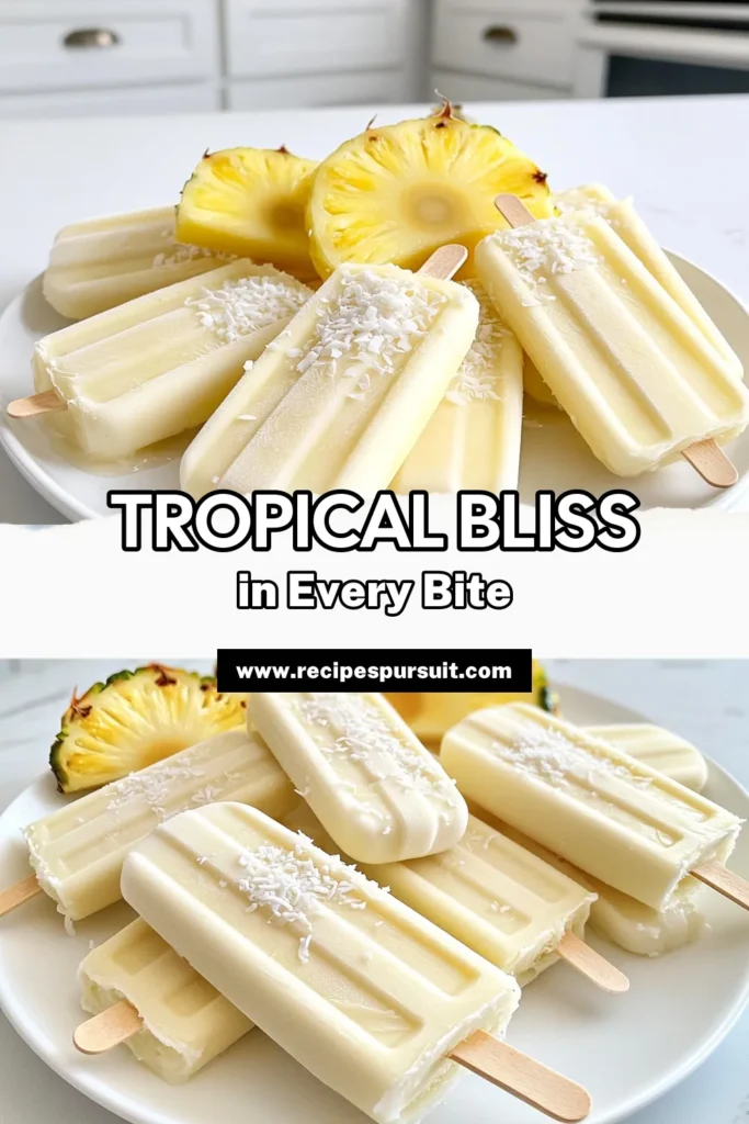 Beat the heat this summer with these refreshing Tropical Coconut Pineapple Popsicles! Made with fresh pineapple, creamy coconut milk, and a hint of lime, these popsicles are the perfect blend of sweetness and tropical flavor. They're easy to whip up in just 15 minutes and are sure to delight your taste buds. Click through for the full recipe and enjoy a cool treat today! #Popsicles #TropicalTreats #SummerSnacks #HealthyDesserts