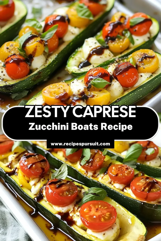 Discover the deliciousness of Caprese zucchini boats, a perfect healthy zucchini appetizer! This easy vegetarian side dish features baked zucchini with tomatoes and gooey mozzarella, creating a delightful zucchini mozzarella recipe that's sure to impress. Simply hollow out zucchini, fill with fresh mozzarella and tomatoes, and bake to perfection. Try this recipe today for a vibrant addition to any meal. Don’t forget to save it! #ZucchiniRecipes #HealthyEating #Vegetarian #CapreseZucchiniBoats