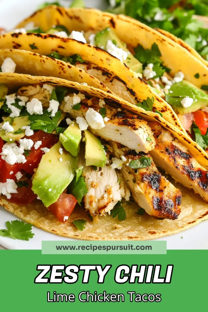 Get ready for a flavor explosion with these Chili Lime Chicken Tacos! This easy chicken taco recipe features marinated chicken grilled to perfection and served in warm corn tortillas. Perfect for taco night, these grilled chicken tacos are a crowd-pleaser. Fresh toppings like lettuce, tomatoes, and avocado make them irresistible. Save this recipe for your next dinner and spice up taco night! #ChiliLimeChickenTacos #EasyChickenTacos #TacoNightIdeas #GrilledChickenTacosRecipe
