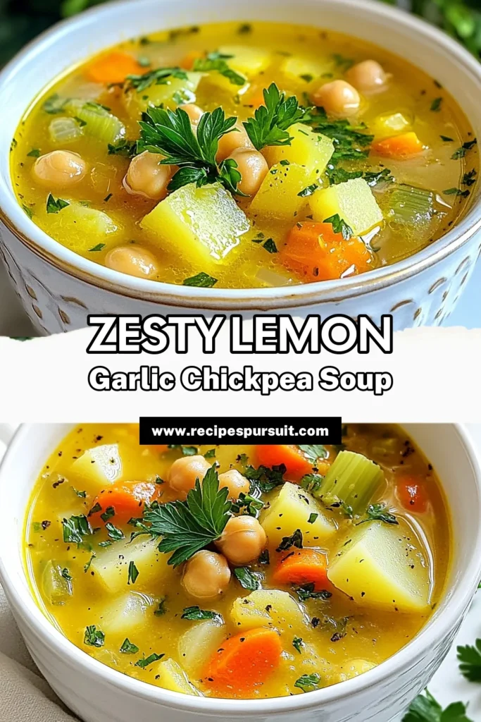 Discover the vibrant flavors of this Lemon Garlic Chickpea Soup, a healthy chickpea soup recipe perfect for any day! Made with wholesome ingredients like vegetable broth, this vegan soup with lemon is both nutritious and delicious. In just 40 minutes, you can whip up this quick chickpea soup recipe that'll warm your heart. Perfect as a comforting meal, it's easy to make and even easier to love. Save it now! #VeganSoup #HealthyEating #ChickpeaSoup #SoupRecipe