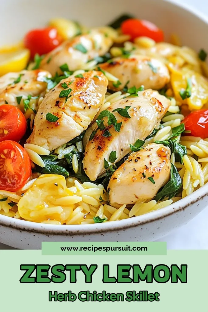 Discover the perfect weeknight meal with this delicious Lemon Herb Chicken Orzo Skillet! This one-pan chicken dinner combines tender chicken breast, flavorful orzo pasta, and fresh herbs for a quick chicken recipe that highlights lemon chicken pasta at its best. Ready in just 25 minutes, it&rsquo;s an easy orzo skillet recipe your family will love. Save this Lemon Herb Chicken Orzo recipe today! #OnePanDinner #QuickRecipes #LemonChicken #OrzoSkillet