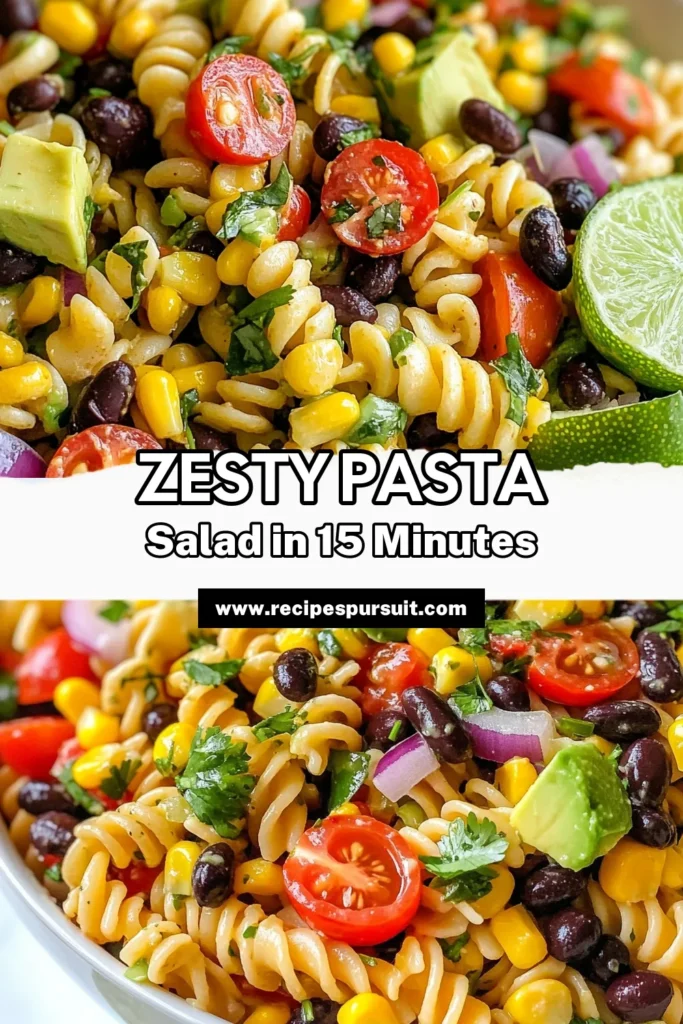 Discover the vibrant flavors of our Zesty Southwest Pasta Salad! This refreshing zesty pasta salad recipe features healthy rotini and is packed with black beans, corn, and creamy avocado for an irresistible combination. Perfect for BBQs or meal prep, this avocado pasta salad is sure to impress. Try this healthy dish today and elevate your summer gatherings! Save this delicious black bean corn salad recipe for later! #PastaSalad #HealthyRecipes #AvocadoSalad #SouthwestFlavor