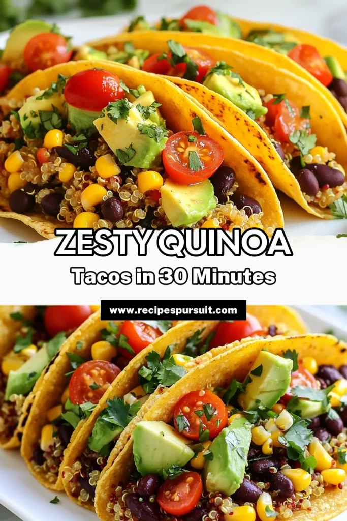 Savor the deliciousness of Zesty Lime Quinoa Tacos! This easy taco dinner features a flavorful quinoa tacos recipe filled with nutritious ingredients like black beans, corn, and fresh veggies, making it the perfect vegetarian taco filling. Whip up this healthy quinoa recipe in just 30 minutes and impress your family. Try it tonight and enjoy a burst of zesty lime flavor! Save this recipe for your next taco night! #ZestyLimeTacos #QuinoaTacos #HealthyTacoRecipe #VegetarianDinner
