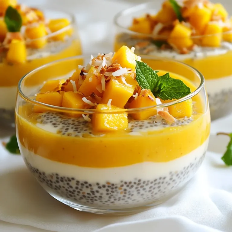 To make this tasty mango coconut chia pudding, you will need: - 1 cup coconut milk - 1/2 cup almond milk (or any plant-based milk) - 1/4 cup chia seeds - 2 tablespoons maple syrup (or sweetener of choice) - 1 ripe mango, diced - A pinch of salt - Toasted coconut flakes, for garnish - Fresh mint leaves, for garnish Each ingredient plays a key role. The coconut milk gives a creamy base, while almond milk lightens it. Chia seeds make the pudding thick and full of fiber. Mango adds sweetness and a fruity flair. The maple syrup enhances the flavor and gives a touch of sweetness. You can switch up the sweeteners. Honey, agave, or stevia work great too. If you want a sugar-free option, use a natural sweetener. For milk, oat milk or soy milk are good choices. They add their unique taste and texture. Feel free to try different combinations! This pudding is not just yummy; it's also good for you. - Chia seeds: They are high in fiber, protein, and omega-3s. - Coconut milk: It has healthy fats that can boost your energy. - Mango: This fruit is rich in vitamins A and C. It helps your immune system. - Almond milk: It is lower in calories and packed with vitamin E. Each bite of this pudding is a step toward better health! {{ingredient_image_1}} To make Mango Coconut Chia Pudding, start by mixing the coconut milk, almond milk, maple syrup, and salt in a bowl. Use a whisk to blend these ingredients well. Then, add the chia seeds. Stir until there are no clumps. Cover the bowl with plastic wrap or a lid. Refrigerate for at least four hours, or overnight for best results. This waiting time helps the chia seeds soak up the liquids and thicken the pudding. To get the perfect texture, check the pudding after chilling. If it seems too thick, add a splash of coconut or almond milk. Stir well to mix. The goal is a creamy, smooth pudding that is not too runny. Remember, the chia seeds absorb liquid, so adjust as needed. When serving, use clear glasses or bowls. This way, you can show off the beautiful layers. Spoon the thick pudding into your serving dish. Top with diced mango for a fresh touch. Add toasted coconut flakes and a sprig of mint for extra flair. These garnishes not only look great but also enhance the flavor. Enjoy your lovely, tropical treat! To make perfect chia pudding, use high-quality chia seeds. They should be fresh and not clumpy. Always mix the seeds into your liquid well. This step helps prevent clumping. I find that whisking is best for an even mix. Let the pudding rest in the fridge for at least four hours. This allows the seeds to absorb the liquid and thicken. If you want a smoother texture, blend the mixture before chilling. A common mistake is not measuring the chia seeds correctly. Too many seeds can make the pudding too thick. Too few seeds can lead to a watery pudding. Also, avoid using expired milk. Always check the date before you start. Lastly, do not skip the chilling time. If you serve it too early, it won’t set properly. For more flavor, try adding vanilla extract or a pinch of cinnamon. You can also mix in other fruits, like bananas or berries. For texture, add nuts or granola before serving. This adds a nice crunch. Top your pudding with toasted coconut flakes for added flavor. Fresh mint leaves also provide a refreshing taste and beautiful look. Enjoy experimenting with different flavors to find your favorite! Pro Tips Chia Seed Activation: Make sure to stir the chia seeds well after adding them to the liquid. This helps break up any clumps and ensures even hydration. Sweetness Adjustment: Taste your pudding mixture before refrigerating. You can always adjust the sweetness by adding more maple syrup or your preferred sweetener if needed. Texture Variation: For a creamier texture, blend the coconut and almond milk mixture before adding the chia seeds. This can create a smoother pudding. Garnish Ideas: Experiment with different toppings! Fresh berries, sliced bananas, or a drizzle of honey can add flavor and visual appeal to your pudding. {{image_2}} You can switch up the fruit in your chia pudding. Try strawberries, peaches, or blueberries. Each fruit adds its own flavor and color. Mixing fruits can make your pudding look beautiful and tasty. For a tropical twist, add pineapple or passion fruit. You can also use a mix of fruits for more fun. This recipe is already vegan-friendly. You can use maple syrup or other sweeteners. If you want it sugar-free, choose stevia or erythritol. Both give sweetness without sugar. You can skip the sweetener if the mango is ripe enough. It adds natural sweetness and flavor. For extra tropical flavor, add shredded pineapple or banana slices. You can mix these fruits with the mango. This adds texture and taste. Another great option is to sprinkle in some lime zest. It gives a fresh kick that brightens the pudding. When you want to go wild, try adding nuts or seeds for crunch. To store leftover mango coconut chia pudding, place it in an airtight container. This keeps it fresh and prevents any odors from other foods. Make sure to seal the lid tightly. I often use glass containers for easy viewing and storage. The pudding will last in the fridge for about 4 to 5 days. If you want to store it longer, freezing is a great option. Divide the pudding into portions and place them in freezer-safe containers. It can last up to 2 months in the freezer. Just remember to label the containers with the date. You can enjoy the pudding cold or warm it slightly. If you choose to heat it, place the pudding in a microwave-safe bowl. Heat it in short bursts, about 15 to 20 seconds at a time. Be sure to stir in between to avoid hot spots. If it thickens too much, add a splash of coconut or almond milk to reach your desired texture. Chia pudding is a creamy dish made from chia seeds. When mixed with liquid, the seeds swell and create a gel-like texture. This makes it a fun and healthy treat. You can flavor it with fruits, sweeteners, or spices. It’s simple to make and packed with nutrients. To make chia pudding thicker, add more chia seeds. For a thinner pudding, use less chia seeds. You can also adjust the liquid amount. If it’s too thick after chilling, mix in a splash of coconut or almond milk. Stir well until you reach your desired consistency. Yes! You can use any milk you like. Almond milk, oat milk, or soy milk work well. Each type of milk will change the flavor a bit. Coconut milk gives a rich, tropical taste, but feel free to experiment with your favorites. Absolutely! This pudding is nutritious and full of healthy fats, fiber, and protein. Chia seeds help with digestion and keep you full. The mango adds vitamins, while coconut milk provides healthy fat. It’s a great option for breakfast or a snack. Enjoy it guilt-free! Mango coconut chia pudding is an easy and tasty treat. We covered key ingredients, plus how to prepare and store it well. Using the right mix of flavors brings joy to each bite. Remember to avoid common mistakes to get better results. Try new fruits or toppings to keep it fun. Make it your own by mixing in different flavors. Enjoy your healthy pudding, knowing that it's both good for you and delicious.