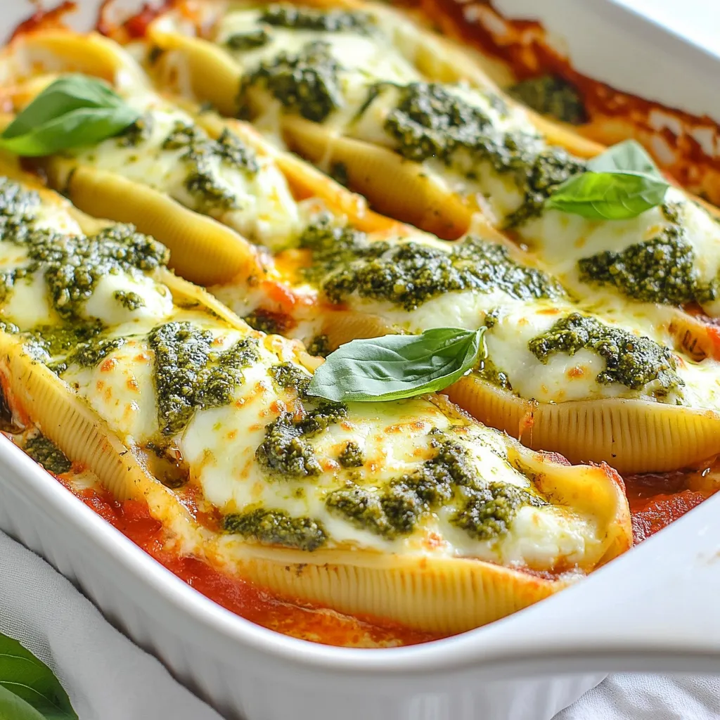 To make Pesto Ricotta Stuffed Shells, you need the following ingredients: - 20 jumbo pasta shells - 1 cup ricotta cheese - 1 cup fresh basil pesto - 1 cup shredded mozzarella cheese - 1/2 cup grated Parmesan cheese - 1 large egg - 1 teaspoon garlic powder - Salt and pepper to taste - 2 cups marinara sauce - Fresh basil leaves for garnish These ingredients work together to create a rich and tasty dish. Jumbo pasta shells are perfect for stuffing. Ricotta cheese gives a creamy texture. Pesto adds a fresh flavor that shines through. The blend of mozzarella and Parmesan provides a wonderful cheesy topping. The egg helps bind everything together. Garlic powder adds depth, while salt and pepper enhance the taste. Marinara sauce brings moisture and tang to the dish. Finally, fresh basil leaves make it look pretty and add aroma. When you gather these ingredients, you set the stage for a lovely meal. Each one plays a role in making your stuffed shells flavorful and satisfying. Enjoy cooking this dish as you explore its layers of taste! {{ingredient_image_1}} 1. Start by boiling a large pot of salted water. This helps flavor the pasta. 2. Cook the jumbo pasta shells in the boiling water for about 10 to 12 minutes. You want them al dente, so they hold their shape. 3. Once done, drain the shells in a colander. Rinse them under cold water. This stops the cooking process and keeps them from sticking. 1. In a big mixing bowl, combine the ricotta cheese, half of the pesto, and half of the mozzarella cheese. 2. Add the grated Parmesan cheese, egg, garlic powder, salt, and pepper. 3. Mix everything until it blends well. You want a creamy and smooth filling. 1. Grab a 9x13-inch baking dish and spread a layer of marinara sauce on the bottom. This adds moisture and flavor. 2. Carefully fill each cooked pasta shell with the ricotta mixture. Place them open side up in the dish. 3. After filling, drizzle the remaining pesto over the shells. Then sprinkle the rest of the mozzarella cheese on top. 4. Pour the rest of the marinara sauce around the shells. This keeps the pasta moist while baking. 1. Cover the baking dish tightly with aluminum foil. This helps keep the shells from drying out. 2. Bake in your preheated oven at 375°F (190°C) for 25 minutes. 3. After that, remove the foil and bake for another 10 minutes. You want the cheese to be bubbly and golden brown. 4. Let the dish cool for a few minutes. Then, garnish with fresh basil leaves before serving. To ensure your pasta shells do not stick, follow these steps: - Use plenty of salted water for boiling. - Stir the shells gently within the first few minutes. - Rinse cooked shells under cold water to stop cooking. To prevent filling from spilling out, try this: - Use a piping bag to fill the shells. - Pack the filling tightly but not overstuffed. For extra flavor in your stuffed shells, consider adding: - Fresh herbs like parsley or oregano. - A pinch of crushed red pepper for heat. You can also try these seasonings: - A dash of lemon zest for brightness. - A sprinkle of smoked paprika for depth. Pair your stuffed shells with these sides: - A crisp garden salad for freshness. - Garlic bread for a nice crunch. For an appealing presentation, garnish with: - Fresh basil leaves on top. - A drizzle of extra pesto over the dish. Pro Tips Use Fresh Ingredients: For the best flavor, opt for fresh basil and high-quality ricotta cheese. Don't Overcook the Shells: Cook the jumbo shells just until al dente to prevent them from becoming mushy when baked. Customize Your Filling: Feel free to add sautéed spinach or other vegetables to the ricotta mixture for extra nutrition. Let It Rest: Allow the dish to cool for a few minutes before serving to help the filling set and make it easier to serve. {{image_2}} You can make your pesto ricotta stuffed shells even heartier. Just add cooked ground meat or sausage to the ricotta mix. Ground beef, turkey, or chicken work well. Use about 1 cup of cooked meat for added flavor. This twist makes the dish more filling and perfect for meat lovers. If you want a meat-free version, you have great options. You can substitute cheese or add more veggies. Try using goat cheese or feta for a tangy taste. You can also mix in cooked spinach, zucchini, or mushrooms. This gives you a fresh, vibrant dish full of color and nutrients. For those who need gluten-free meals, swap in gluten-free pasta shells. Many brands offer tasty alternatives that hold up well. You can also try using dairy-free cheese if you're avoiding dairy. Look for options that melt well, like cashew cheese or almond cheese. This way, everyone can enjoy this delicious meal! Let your Pesto Ricotta Stuffed Shells cool down before you store them. This step keeps the texture nice. Once they cool, place them in airtight containers. Glass or plastic containers both work well. Make sure to cover the shells with a lid. This helps keep them fresh longer. You can reheat your stuffed shells in the microwave or oven. For the microwave, place a shell on a plate. Heat it for about 1-2 minutes. If you want the cheese to stay melty, use the oven. Preheat it to 350°F (175°C) and bake for 15-20 minutes. Cover the dish with foil to keep the shells moist. This helps maintain the texture and flavor. You can freeze your shells before or after baking. For freezing before baking, arrange them in a single layer in a container. To freeze after baking, let them cool completely first. Wrap them tightly in foil or plastic wrap. When you're ready to eat, thaw them in the fridge overnight. Then, reheat as described above. This method keeps your meal fresh and tasty. Yes, you can make these shells ahead of time. Prepare the filling and stuff the shells. Lay them in the baking dish with sauce. Cover the dish tightly and store it in the fridge. This method keeps the flavors fresh. You can bake them the next day. Just add a few extra minutes to the baking time if they are cold. If you don’t have ricotta, you can use cottage cheese. Cream cheese works too, but it is richer. Greek yogurt is another option for a lighter touch. You can blend any of these to get a creamy texture. Each option will give a different taste, so choose what you like best. To keep your shells intact, use plenty of water. Boil them gently without overcrowding the pot. Stir them lightly while cooking to prevent sticking. Once cooked, drain them carefully. Rinse with cold water to stop the cooking. This method helps maintain their shape and texture. Absolutely! These stuffed shells are great for meal prep. You can prepare the filling a few days in advance. Cook the shells and stuff them before baking. They also freeze well. Just thaw and bake when you’re ready to enjoy them. This makes for a quick and easy meal on busy days. This recipe for Pesto Ricotta Stuffed Shells brings together simple ingredients like jumbo pasta, ricotta, and basil pesto. I showed you how to prepare, assemble, and bake these shells with step-by-step instructions. You also learned tips for storage, reheating, and variations to suit your taste. With this dish, you’ll have a tasty meal that’s easy to make and enjoy. Don't hesitate to experiment with your favorite flavors. Happy cooking!