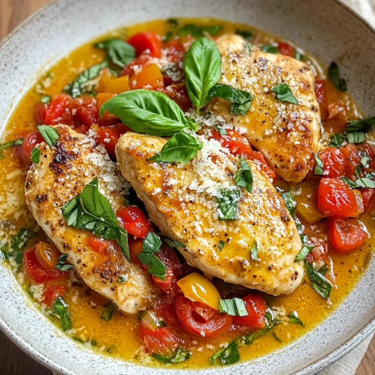 For this tasty dish, you will need the following main ingredients: - 4 boneless, skinless chicken breasts - 2 tablespoons olive oil - 1 teaspoon garlic powder - Salt and pepper to taste - 1 can (14.5 oz) diced tomatoes, with juices - 1 cup heavy cream - 1 cup fresh basil leaves, chopped (plus extra for garnish) - 1 teaspoon dried Italian seasoning - ½ cup grated Parmesan cheese - ½ teaspoon red pepper flakes (optional for spice) These ingredients come together to create a rich and creamy sauce. The chicken stays juicy while soaking in the flavors. Besides the main ingredients, you can add some extra flavor with these seasonings: - Italian seasoning gives depth to the sauce. - Red pepper flakes add a nice kick if you like spice. - Fresh basil enhances the taste and adds freshness. Feel free to adjust the salt and pepper to your liking. You can easily adapt this recipe for different diets: - For a lighter version, use chicken thighs or skinless chicken. - Swap heavy cream for coconut milk or a plant-based cream for dairy-free. - To make it vegetarian, replace chicken with tofu or hearty vegetables. These variations help everyone enjoy this creamy delight while fitting their diet. {{ingredient_image_1}} Start by heating 2 tablespoons of olive oil in a large skillet over medium-high heat. While the oil heats, season 4 boneless, skinless chicken breasts on both sides. Use 1 teaspoon of garlic powder, salt, and pepper to taste. When the oil is hot, carefully place the chicken breasts in the skillet. Sear each side for about 6-7 minutes until they turn golden brown and are fully cooked. Once done, remove the chicken and set it aside on a plate. In the same skillet, add 1 can of diced tomatoes (14.5 oz) with their juices. Scrape any brown bits from the pan to add flavor. Let the tomatoes cook for 2-3 minutes until they start to simmer. Next, lower the heat to medium-low and stir in 1 cup of heavy cream, 1 cup of chopped fresh basil, 1 teaspoon of Italian seasoning, and optional ½ teaspoon of red pepper flakes for a bit of heat. Mix everything well until it blends nicely. Gradually add ½ cup of grated Parmesan cheese. Stir until it melts into a creamy sauce. Return the seared chicken breasts to the skillet. Spoon some of that rich creamy sauce over the chicken. Allow it to simmer for another 3-5 minutes. This lets the chicken soak up the delicious flavors. Once ready, you can remove it from the heat and let it rest for a few minutes before serving. Enjoy the savory delight of your creamy tomato basil chicken! To cook chicken breasts well, start with even thickness. If needed, pound the chicken to ensure it cooks evenly. Season both sides with garlic powder, salt, and pepper before cooking. Heat olive oil in your skillet until it shimmers. Add the chicken and don’t crowd the pan. This helps it brown nicely. Cook for 6-7 minutes on each side. Check for a golden color and make sure it's cooked through. Using a meat thermometer, the internal temperature should reach 165°F. To amp up the creamy tomato flavor, use high-quality diced tomatoes. Look for ones packed in juice to keep the sauce rich. Adding fresh basil gives it a bright and tasty kick. Stir in heavy cream gently to avoid curdling. Incorporating grated Parmesan cheese adds depth and creaminess. If you like spice, sprinkle in red pepper flakes. This adds warmth without overpowering the dish. Let the sauce simmer to blend the flavors well. For a beautiful presentation, serve the chicken on a clean plate. Spoon a generous amount of creamy tomato sauce over the chicken. Add extra chopped basil on top for color. A sprinkle of Parmesan cheese gives a nice touch. You can also use a drizzle of olive oil for shine. Consider serving with a side of pasta or crusty bread to soak up the sauce. This makes the dish look as good as it tastes! Pro Tips Use Fresh Basil: Fresh basil adds a vibrant flavor that dried basil simply can't match. Add it at the end of cooking to preserve its aromatic qualities. Perfectly Cooked Chicken: To ensure even cooking, pound the chicken breasts to an even thickness before searing. This helps them cook uniformly. Adjust the Creaminess: If you prefer a lighter sauce, you can substitute part of the heavy cream with chicken broth. This will still keep the sauce flavorful without being too rich. Garnish for Presentation: Always finish your dish with a sprinkle of Parmesan and a few extra basil leaves. This not only enhances the flavor but also makes for an appealing presentation. {{image_2}} To make a lighter creamy tomato basil chicken skillet, you can swap heavy cream for half-and-half or Greek yogurt. Both options keep some creaminess while cutting calories. You can also use skinless chicken thighs instead of breasts. They are tender and flavorful, adding depth without extra fat. Use low-sodium diced tomatoes to control salt levels. This keeps the dish tasty without feeling heavy. If you want a vegetarian version, replace the chicken with firm tofu or chickpeas. Both options absorb flavors well. Use vegetable broth instead of olive oil to sauté. You can also add more veggies, like spinach or zucchini. These fresh ingredients add nutrients and color. Keep the creamy tomato sauce the same, and you’ll have a delightful vegetarian meal. For spice lovers, add more red pepper flakes to the sauce. Start with one teaspoon and taste as you go. You can also mix in some chopped jalapeños for a fresh kick. If you prefer less heat, reduce the red pepper flakes or leave them out. Adjusting the spice level helps everyone enjoy this dish their own way. Feel free to experiment with these variations. Each one adds a unique twist to the classic creamy tomato basil chicken skillet. To store your leftover creamy tomato basil chicken, let it cool first. Place it in an airtight container. This keeps the chicken fresh and tasty. You can store it in the fridge for up to three days. Make sure to label the container with the date. When you are ready to eat the leftovers, you can reheat them. I recommend using the stove for the best taste. Place the chicken in a skillet over medium heat. Add a splash of cream or water to keep it moist. Heat for about 5-7 minutes, stirring often. You can also use a microwave if you prefer that method. Heat it in short bursts of 1-2 minutes. Stir after each burst to ensure even heating. If you want to save this dish for later, freezing is a great option. First, cool the chicken completely. Then, portion it into freezer-safe bags or containers. Remove as much air as possible to avoid freezer burn. This dish can be frozen for up to three months. When you are ready to enjoy it, thaw it overnight in the fridge. Reheat it as explained above, and you will have a quick and tasty meal ready to go! Yes, you can use frozen chicken breasts. Just make sure to thaw them first. You can do this in the fridge overnight or use the microwave. Once thawed, season and cook them as the recipe states. This helps the chicken cook evenly and stay juicy. To add spice, you can include red pepper flakes. Start with ½ teaspoon and adjust to your taste. You can also add diced jalapeños or hot sauce. These options will give you that extra kick without changing the dish's creamy base. This dish goes well with many sides. Here are some great options: - Rice: White or brown rice soaks up the sauce well. - Pasta: Serve with fettuccine or penne for a hearty meal. - Salad: A fresh green salad adds a nice crunch. - Garlic Bread: Perfect for dipping into the sauce. These sides will make your meal balanced and delicious. Enjoy! In this blog post, we covered how to make a Creamy Tomato Basil Chicken Skillet. We explored main ingredients, cooking steps, and helpful tips. You learned how to adjust the dish for your diet and how to store leftovers. This easy dish is tasty and flexible. You can make it fit your needs and preferences. I hope you enjoy cooking and sharing this meal with others!