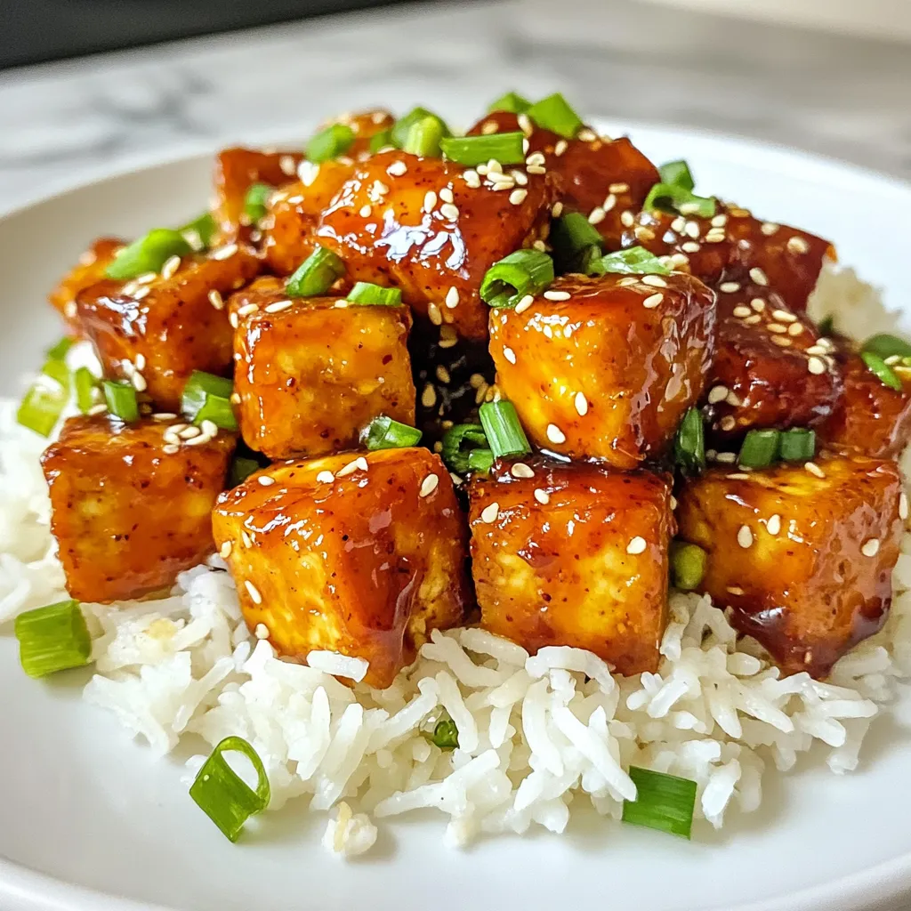 - 14 oz firm tofu, drained and pressed - 3 tablespoons sweet chili sauce - 2 tablespoons soy sauce - 1 tablespoon sesame oil - 1 tablespoon rice vinegar - 1 tablespoon grated fresh ginger - 2 cloves garlic, minced - 1 tablespoon cornstarch - 2 green onions, chopped (for garnish) - Sesame seeds (for garnish) - Cooked jasmine rice (for serving) To make sweet chili glazed tofu, you need just a few key ingredients. Firm tofu forms the base of this dish. It gives you a nice texture and holds up well during cooking. The sweet chili sauce adds that perfect touch of sweetness and heat. Soy sauce brings in a salty flavor, while sesame oil gives a rich, nutty taste. Rice vinegar adds acidity and balances the dish. Fresh ginger and garlic bring warmth and depth to the flavor profile. Cornstarch helps create a crispy coating on the tofu. For garnishing, I use green onions and sesame seeds. They add color and crunch. Serving the tofu over jasmine rice makes it a hearty meal. Each bite will be full of flavor and satisfaction. {{ingredient_image_1}} - First, drain the tofu. Place it on a clean towel. - Press down gently to remove excess water. - Cut the pressed tofu into 1-inch cubes. Pat them dry with a paper towel. - In a large bowl, mix the sweet chili sauce and soy sauce. - Next, add sesame oil, rice vinegar, grated ginger, and minced garlic. - Whisk until all ingredients blend well together. - Add the tofu cubes to the marinade. Toss gently to coat all sides. - Let the tofu marinate for at least 15 minutes. - After marinating, sprinkle cornstarch over the tofu. Toss again to coat evenly. - Heat a non-stick skillet over medium-high heat. - Add the marinated tofu in a single layer. Cook for about 4-5 minutes on each side. - Look for a golden brown and crispy texture. - Drizzle any remaining marinade into the skillet in the last minute. This will glaze the tofu. - Once cooked, remove the skillet from heat. Transfer the glazed tofu to a serving platter. To make your tofu crispy, start with firm tofu. Press it well to remove excess water. This helps it soak up the marinade and get that perfect crunch. After cutting your tofu into 1-inch cubes, pat them dry with a paper towel. This extra step reduces moisture and helps achieve crispiness. You can also try alternate cooking methods like baking or air frying. For baking, preheat your oven to 400°F (200°C). Spread the marinated tofu on a baking sheet. Bake for about 25-30 minutes, flipping halfway through. If you use an air fryer, set it to 375°F (190°C) and cook for around 15-20 minutes, shaking the basket halfway. Both methods yield crispy tofu with less oil. To boost flavor, consider adding spices like smoked paprika or cayenne pepper. These can give your dish a nice kick. You can also mix in a splash of lime juice for brightness. For extra umami, try adding a few drops of fish sauce or a splash of hoisin sauce. Adjust the sweetness and heat levels by changing the amount of sweet chili sauce. If you prefer it less sweet, use less sweet chili sauce and add more soy sauce. For more heat, add fresh chopped chilies or a dash of chili flakes. These small tweaks can make a big difference in how your dish tastes. Pro Tips Press the Tofu: Ensure you press the tofu well to remove excess moisture. This step is crucial for achieving a crispy texture during cooking. Customize the Marinade: Feel free to adjust the sweetness or spiciness of the sauce according to your taste. Adding more chili sauce can enhance the heat! Use a Non-Stick Skillet: A non-stick skillet will help prevent the tofu from sticking and make it easier to achieve that golden, crispy finish. Garnish for Flavor and Presentation: Don’t skip the garnishes! Chopped green onions and sesame seeds not only add flavor but also elevate the dish’s visual appeal. {{image_2}} You can add mushrooms to your sweet chili glazed tofu. Mushrooms give the dish a rich texture. Shiitake or button mushrooms work well. Slice the mushrooms and sauté them in the skillet first. Then, add the marinated tofu. This not only adds flavor but also makes the dish more filling. The mushrooms soak up the sweet chili sauce and enhance every bite. Want a balanced meal? Make a sweet chili tofu stir-fry! Add your favorite vegetables like bell peppers, broccoli, or snap peas. Stir-fry the veggies in the skillet before adding tofu. This gives color and crunch to the dish. Toss everything together at the end with the glaze. You get a tasty meal rich in nutrients. Feel free to swap the sweet chili sauce! Teriyaki sauce adds a savory twist. It has a thick, sweet flavor that pairs well with tofu. Chili garlic sauce brings heat to your dish. This sauce gives it a spicy kick. Try these sauces to discover new tastes. Each sauce gives a unique spin on the classic recipe. To store cooked tofu, first let it cool. Place the tofu in an airtight container. This keeps it fresh longer. You can store it in the fridge for up to three days. Make sure it's not sitting in sauce to avoid sogginess. If you have extra sauce, keep it in a separate container. To reheat your sweet chili glazed tofu, use a skillet. Heat it on medium until warm. This helps keep the tofu crispy. Avoid using the microwave, as it can make the tofu soft. If you must use a microwave, heat it for only a short time. Check every 30 seconds to avoid overcooking. Yes, you can freeze sweet chili glazed tofu! First, let it cool completely. Cut it into pieces if you haven't already. Store it in a freezer-safe bag or container. Squeeze out excess air before sealing. It can last up to three months. When ready to eat, thaw it in the fridge overnight before reheating. Yes, you can use extra-firm tofu. It holds shape well and cooks nicely. Soft tofu, however, is delicate. It can break apart easily during cooking. If you use soft tofu, be gentle when handling it. Adjust cooking times too. Extra-firm tofu takes about the same time as firm tofu. Soft tofu may need less time to cook since it heats quickly. Most sweet chili sauces are vegan-friendly. They typically contain sugar, chili peppers, vinegar, and garlic. Always check the label if you have concerns. Some brands may add fish sauce or other non-vegan ingredients. Look for sauces labeled as vegan to be safe. Making your own sauce is another great option. Sweet chili glazed tofu pairs well with several sides. Here are some great options: - Cooked jasmine rice - Steamed broccoli - Stir-fried vegetables - Quinoa - Salad with a light dressing These sides balance the flavors and create a complete meal. Enjoy experimenting with your favorite dishes! In this article, we explored how to make delicious sweet chili glazed tofu. We covered key ingredients, step-by-step cooking methods, and clever tips for perfecting the dish. You learned how to adjust flavors and even create variations like stir-fries. Remember, cooking is fun, and experimenting makes it better. Enjoy your sweet chili glazed tofu and feel free to explore new ideas. This dish can be a tasty part of your meals, sharing flavor and joy with everyone. Enjoy the cooking journey!