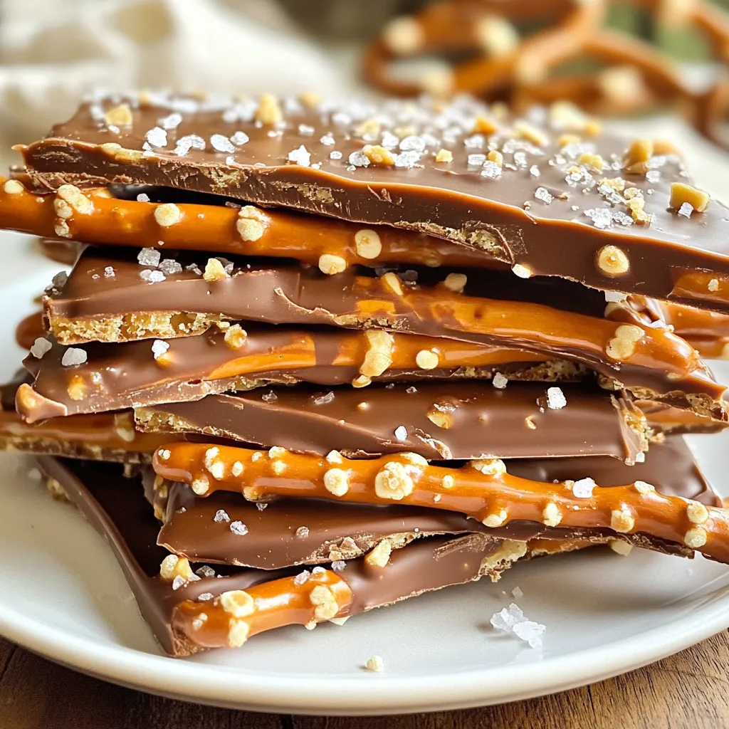 To make your Chocolate Caramel Pretzel Bark, you will need: - 2 cups pretzel sticks - 1 cup chocolate chips (dark or milk chocolate) - 1 cup caramel sauce (store-bought or homemade) - 1/2 cup sea salt (for sprinkling) You can add a personal touch with these optional ingredients: - 1/2 cup chopped nuts (like pecans or almonds) Gather these items to prepare your bark: - Baking sheet - Parchment paper - Small saucepan - Spatula - Microwave (if using store-bought caramel) - Cooling rack (optional) These simple ingredients and tools make it easy to create this tasty treat. The pretzels give a nice crunch, while the chocolate and caramel bring all the flavors together. {{ingredient_image_1}} Start by preheating your oven to 350°F (175°C). This step warms up the pretzels for a crunchy bite. Line a baking sheet with parchment paper. This makes cleanup easy later. Spread 2 cups of pretzel sticks evenly on the sheet in a single layer. Bake them for 5 to 7 minutes. Keep an eye on them. You want them lightly golden and warm, which helps hold the toppings later. While the pretzels bake, it’s time for the caramel sauce. If you have store-bought caramel, just warm it. Place it in a small saucepan over low heat. Stir occasionally until it’s pourable. If you prefer, microwave it for about 30 seconds. Homemade caramel works too, but it takes longer to make. Once ready, set it aside for a moment. Remove the pretzels from the oven and let them cool for a few minutes. Pour the warm caramel sauce over the pretzels. Make sure each pretzel gets some love. Use a spatula to spread it around if needed. Next, sprinkle 1 cup of chocolate chips over the caramel-coated pretzels. The heat will melt them a bit. After a minute, use a spatula to spread the soft chocolate evenly. If you like nuts, sprinkle 1/2 cup of chopped nuts on top. Finally, add a generous layer of sea salt for a savory touch. Let the bark cool at room temperature or refrigerate it for about 30 minutes. Once set, break it into pieces. Enjoy your delicious chocolate caramel pretzel bark! To get that perfect crunch in your bark, start with fresh pretzel sticks. You want them to be crisp before you add the toppings. Bake the pretzels for just 5 to 7 minutes at 350°F (175°C). This step warms them and keeps them crunchy. Avoid baking too long, or they may burn. Allow the pretzels to cool slightly before moving on. This will help them hold their shape and texture. When it comes to chocolate, choose chips that melt well. Dark or milk chocolate chips are great options. They add rich flavor and smooth texture. If you prefer, you can also use chocolate bars. Simply chop the bars into small pieces for even melting. Make sure to melt the chocolate slowly over low heat to avoid burning. For serving, place the bark on a decorative platter. This makes it look inviting. You can also break the bark into fun shapes or sizes. For a sweet gift, package the pieces in clear bags tied with ribbons. This adds a personal touch. You can sprinkle a few extra sea salt flakes on top for a finishing touch! Pro Tips Choose the Right Chocolate: Opt for high-quality chocolate chips for a smoother melt and richer flavor. Dark chocolate brings a nice balance to the sweetness of the caramel. Ensure Even Coating: When pouring the caramel, make sure to drizzle it evenly over the pretzels. This helps every bite to be deliciously balanced with sweet and salty flavors. Keep It Crunchy: Baking the pretzels before adding the toppings ensures they stay crunchy even after the caramel and chocolate are added. Don’t skip this step! Storage Tips: Store the pretzel bark in an airtight container at room temperature for up to a week. If it’s warm in your kitchen, refrigerate it to keep the chocolate from melting. {{image_2}} If you want a nut-free version, simply skip the nuts. You can replace them with more pretzel sticks or even crispy rice cereal. This keeps the crunch and adds a fun texture. To make your bark even better, consider adding spices. A sprinkle of cinnamon adds warmth. Or try a bit of cayenne for a spicy kick. You could also add a splash of vanilla extract to the caramel for extra flavor. You can choose any type of chocolate for your bark. Dark chocolate offers a rich taste, while milk chocolate gives a sweet flavor. White chocolate is also a fun option. Mixing different chocolates can create a tasty look and flavor boost. To keep your chocolate caramel pretzel bark fresh, store it in an airtight container. Place parchment paper between layers to prevent sticking. This method helps maintain the bark's crunchiness and flavor. Keep the container in a cool, dry place, away from sunlight. Avoid storing it in the fridge as it can make the chocolate sweat and lose texture. When stored properly, chocolate caramel pretzel bark lasts about two weeks. For the best taste, enjoy it within the first week. If you notice any changes in texture or smell, it’s best to toss it out. Always check for any signs of spoilage before indulging. You can freeze chocolate caramel pretzel bark for longer storage. Cut the bark into pieces and place them in a single layer on a baking sheet. Freeze for about an hour until solid. Then, transfer the pieces into a freezer-safe bag or container. Label it with the date. The bark can last up to three months in the freezer. To enjoy, thaw it in the fridge or at room temperature. Yes, you can use different nuts in Chocolate Caramel Pretzel Bark. Pecans and almonds work great. You can also try walnuts or hazelnuts for a unique flavor. Just chop them small enough to mix well with the bark. If you want a nut-free version, skip the nuts entirely. Making homemade caramel sauce is easy! You need sugar, butter, and cream. Start with one cup of sugar in a pan over medium heat. Stir until it melts and turns golden. Then add six tablespoons of butter and stir until melted. Finally, slowly pour in half a cup of cream and mix well. Let it cool before using. Absolutely! You can make Chocolate Caramel Pretzel Bark a few days ahead. Just store it in an airtight container. Keep it in a cool, dry place to maintain freshness. If you want to keep it longer, refrigerate it. It stays tasty for about a week. Chocolate Caramel Pretzel Bark pairs well with many treats. Try it with a glass of milk or hot cocoa for a sweet snack. You can also serve it alongside popcorn for a fun movie night. For more flavor, enjoy it with coffee or tea. This blog post covered how to make chocolate caramel pretzel bark. We detailed the key ingredients, optional tweaks, and the tools you need. You learned step-by-step instructions for each process. I shared tips for perfecting the bark and highlighted fun variations. Lastly, I discussed storage and answered common questions. Enjoy creating this treat. Experiment with flavors and enjoy sharing with friends. Your baking adventure will be fun and tasty!