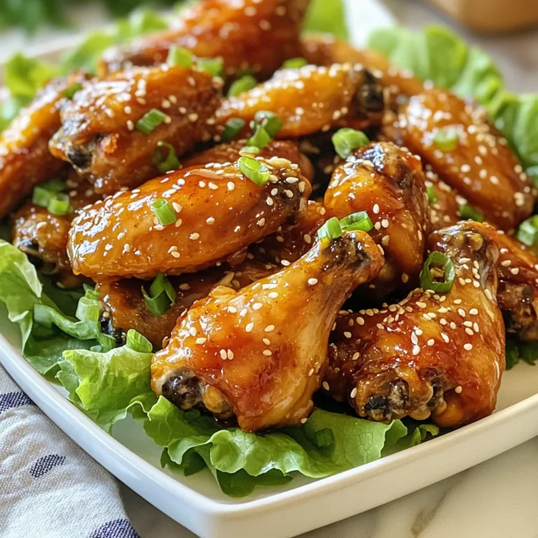 You need 2 lbs of chicken wings for this recipe. Look for fresh wings at your local store. If you can, buy organic wings. They taste better and are healthier. For the marinade, gather these items: - 1/4 cup honey - 1/4 cup low-sodium soy sauce - 2 tablespoons sesame oil - 2 tablespoons rice vinegar - 2 cloves garlic, minced - 1 teaspoon fresh ginger, grated - Salt and pepper to taste This mix gives the wings their sweet and savory flavor. The honey adds a nice glaze. You will also need: - 1 tablespoon toasted sesame seeds - 2 green onions, thinly sliced These garnishes add crunch and freshness. Sprinkle them on the wings before serving. It makes the dish look more appealing and adds extra taste. {{ingredient_image_1}} First, preheat your oven to 400°F (200°C). This step is crucial for crisping the wings. Next, line a large baking sheet with parchment paper or aluminum foil. Then, lightly spray it with oil. This keeps the wings from sticking and makes cleanup easy. In a medium bowl, mix the marinade. Whisk together 1/4 cup honey, 1/4 cup low sodium soy sauce, 2 tablespoons sesame oil, and 2 tablespoons rice vinegar. Add 2 minced garlic cloves and 1 teaspoon of grated fresh ginger. Don’t forget a pinch of salt and pepper! Place the chicken wings in a large bowl. Pour the marinade over the wings. Toss them until they are well coated. It’s best to let them marinate for at least 30 minutes. For more flavor, marinate them in the fridge for 2 hours. Now, arrange the marinated wings on your baking sheet. Make sure they are in a single layer and not touching. This helps them cook evenly. Bake them in the oven for about 30 to 35 minutes. Flip the wings halfway through. This ensures they get crispy on both sides. In the last 5 minutes, sprinkle toasted sesame seeds over the wings. This adds a nice crunch and flavor. When they are done, take them out of the oven and let them cool for a few minutes. Garnish the wings with sliced green onions before serving. Enjoy your tasty sesame honey chicken wings! For the best flavor, always marinate your chicken wings. Use a mix of honey, soy sauce, sesame oil, rice vinegar, garlic, and ginger. This marinade adds sweet and savory notes. Aim to marinate for at least 30 minutes. For richer taste, let them sit for two hours. Make sure to coat all wings well. You want each piece to soak up that yummy flavor. If you have time, cover the bowl and place it in the fridge. To get crispy skin, start with dry wings. Pat them with paper towels before marinating. This step helps remove moisture. Bake the wings on a lined sheet. Ensure they are in a single layer and not touching. Flipping them halfway through cooking helps them crisp up evenly. In the last five minutes, sprinkle on sesame seeds. This adds a nice crunch and boosts flavor. Bake until the wings are golden brown. When serving, use a large platter. Line it with fresh lettuce leaves for color. Place the wings on top and sprinkle extra sesame seeds and sliced green onions for garnish. Consider offering small bowls of leftover marinade for dipping. This extra touch makes it fun! Pair these wings with rice or a fresh salad for a complete meal. Enjoy your tasty creation! Pro Tips Marinate for Maximum Flavor: The longer you marinate the wings, the more flavor they'll absorb. Aim for at least 2 hours, or even overnight for the best results. Use a Wire Rack: If you have one, place the wings on a wire rack on the baking sheet. This allows air to circulate around the wings, making them crispier. Broil for Extra Crispiness: For an extra crispy finish, broil the wings for the last 2-3 minutes of cooking. Just keep an eye on them to prevent burning. Experiment with Flavors: Feel free to add additional spices or sauces to the marinade, like chili flakes for heat or orange zest for a citrusy twist. {{image_2}} You can make spicy sesame honey wings by adding heat. Use 1-2 tablespoons of your favorite hot sauce. Mix this into the marinade with honey and soy sauce. The spice will give your wings a nice kick. Try using sriracha or chili garlic sauce. These options pair well with the sweet honey. You can choose to bake or fry these wings. Baking is easier and healthier. It keeps the wings crispy without extra oil. Frying gives you a rich taste. If you want a crunchy texture, frying is the way to go. Just remember to keep an eye on them to avoid burning. The air fryer is a great option too. It cooks wings quickly and makes them crispy. Set your air fryer to 380°F (193°C). Cook the wings in one layer. Check them after 25 minutes. You may need to shake the basket halfway through for even cooking. This method is fast and easy. Plus, it reduces oil usage for a healthier dish. After you make your sesame honey chicken wings, let them cool. Store them in an airtight container. You can keep the wings in the fridge for 3 to 4 days. Make sure they are sealed well to avoid any odors. To reheat your wings, preheat your oven to 350°F (175°C). Spread the wings on a baking sheet. Bake for about 15 to 20 minutes, or until they are hot. This keeps the wings crispy. You can also reheat them in a microwave for about 1 to 2 minutes, but they may not stay crispy. If you want to save your wings for later, freezing is a great option. First, let the wings cool completely. Place them in a freezer-safe bag or container. They can last up to 3 months in the freezer. To use, simply thaw them in the fridge overnight before reheating. You should marinate chicken wings for at least 30 minutes. For the best flavor, marinate them for 2 hours. This gives the wings time to soak up all the tasty flavors from the marinade. Yes, you can use frozen chicken wings. Just make sure to thaw them completely before marinating. It’s best to let them sit in the fridge overnight. This way, the wings cook evenly and absorb the marinade well. Many side dishes go well with these wings. Here are a few ideas: - Rice: Steamed white or brown rice complements the sweet sauce. - Vegetables: A fresh salad or steamed broccoli adds a nice crunch. - Dips: Serve with a side of ranch or blue cheese dressing for extra flavor. - Noodles: Asian-style noodles provide a great textural balance. These pairings enhance your meal and make it even more enjoyable. In this blog post, we explored how to make Sesame Honey Chicken Wings. We covered ingredients, from chicken wings to marinades and garnishes. I shared step-by-step cooking instructions and gave tips for perfecting your wings. We also looked at delicious variations and smart storage options. Remember, great wings start with the right marinade and cooking method. Enjoy your cooking!