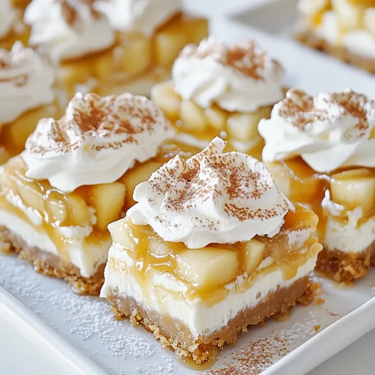 - 1 cup graham cracker crumbs - 1/2 cup unsalted butter, melted - 16 oz cream cheese, softened - 3 cups apples, peeled and thinly sliced The main ingredients set the stage for your Apple Pie Cheesecake Bars. Graham cracker crumbs create a delicious base. Unsalted butter adds richness to the crust. Cream cheese gives the bars a creamy texture. Fresh, thinly sliced apples bring a lovely sweetness and crunch. - 2 tablespoons sugar - 1/2 cup sugar - 1 teaspoon cinnamon - 1/2 cup brown sugar - 1 tablespoon lemon juice - 1/2 teaspoon nutmeg For added flavor, we use a mix of sugars. The regular sugar sweetens the cream cheese filling. Brown sugar enhances the apple filling's depth. Cinnamon and nutmeg warm up the dish with cozy spices. Lemon juice adds brightness and balances the sweetness. - 2 large eggs - 1 teaspoon vanilla extract - 1 tablespoon cornstarch Eggs are key for binding the cheesecake filling. Vanilla extract enriches the flavor of the bars. Cornstarch helps the apple filling hold together. These ingredients come together to create a luscious treat that everyone will love. {{ingredient_image_1}} 1. Preheat your oven to 325°F (163°C). This step gets your oven ready to bake the bars. 2. In a medium bowl, combine 1 cup of graham cracker crumbs, 1/2 cup of melted unsalted butter, and 2 tablespoons of sugar. Mix until it is all blended well. 3. Press this mixture evenly into the bottom of a lined 9x9-inch baking dish. Bake it for 8 minutes, then take it out and let it cool slightly. 1. In a large bowl, beat 16 ounces of softened cream cheese with 1/2 cup of sugar and 1 teaspoon of vanilla extract. Mix until it becomes smooth and creamy. 2. Add 2 large eggs one at a time. Mix well after each egg until combined. 3. Stir in 1 teaspoon of cinnamon until it is fully mixed in. 1. In another bowl, toss 3 cups of thinly sliced apples with 1/2 cup of brown sugar, 1 tablespoon of lemon juice, 1/2 teaspoon of nutmeg, and 1 tablespoon of cornstarch. 2. Make sure the apples are well coated with this mixture. This adds flavor and thickens the filling. 1. Pour half of the cheesecake filling over the cooled crust. Spread it evenly. 2. Layer the apple filling over the cheesecake layer. 3. Top it with the remaining cheesecake filling. Spread it gently to cover the apples completely. 1. Bake the bars in the preheated oven for 30-35 minutes. You want the cheesecake to be set and the edges slightly golden. 2. The center may still jiggle a bit. It will firm up while cooling. 1. Take the bars out of the oven and let them cool at room temperature for about 30 minutes. 2. Place the bars in the fridge for at least 2-3 hours or overnight. This helps them set properly. 3. Once chilled, lift the bars out using the parchment paper. Slice them into squares for serving. To get the best crust, you want to avoid a soggy bottom. Here are some tips: - Pre-bake the crust: This step is key! Bake it for 8 minutes to give it a head start. - Use enough butter: The melted butter helps the crust hold together. Make sure to mix it well. If you want to try something different for the crust, consider these options: - Use cookies: Crushed gingersnaps or Oreos can add a fun twist. - Make it nutty: Ground almonds or pecans can give the crust a tasty crunch. Achieving a creamy texture is important for the cheesecake part. Here’s how to do it: - Soften the cream cheese: Always let it sit at room temperature before mixing. This helps it blend smoothly. - Mix on low speed: This prevents too much air from getting in, which can cause cracks. To avoid cracks on the surface, follow these tips: - Don’t overbake: The center should still jiggle slightly. It firms up as it cools. - Cool slowly: Let it cool in the oven with the door slightly open for a while. Choosing the right apples makes a big difference in flavor. Here are some great apple varieties: - Granny Smith: Tart and crisp, they hold up well when baked. - Honeycrisp: Sweet and juicy, they add a nice flavor contrast. When slicing apples, keep these tips in mind: - Use a sharp knife: This helps you get clean cuts and prevents bruising. - Slice evenly: Aim for thin, uniform slices for even cooking and great texture. Pro Tips Use Fresh Apples: For the best flavor, choose crisp and tart apples like Granny Smith or Honeycrisp. They hold their shape well during baking and provide a nice balance to the sweetness of the cheesecake. Soften Cream Cheese Properly: Make sure your cream cheese is at room temperature before mixing. This will ensure a smooth and creamy filling without any lumps. Let It Set: After baking, allow the cheesecake bars to cool completely at room temperature before refrigerating. This helps them firm up nicely and makes slicing easier. Customize the Spices: Feel free to adjust the spice levels to your taste. Adding a pinch of cloves or allspice can elevate the flavor profile of your apple filling. {{image_2}} You can add fun twists to these bars. One great option is to mix in caramel or toffee. It adds a rich, sweet layer. You can drizzle it over the top before baking. You can also stir some into the apple filling. Another tasty choice is to use nuts. Walnuts or pecans can add a nice crunch. Just chop them up and mix them into the apple filling. You get a lovely texture that pairs well with the creamy cheesecake. If you need gluten-free options, you can use gluten-free graham cracker crumbs. Make sure to read the label to avoid hidden gluten. For a vegan take, swap the cream cheese for a dairy-free cream cheese. You can use flax eggs instead of regular eggs. Mix 1 tablespoon of flaxseed meal with 2.5 tablespoons of water for each egg. You can change the fruit in these bars for different seasons. In spring, you might try peaches or cherries. In fall, pears are a great choice. Just slice them thin and toss them with spices. For holidays, you can add flavors like pumpkin or eggnog. Mix pumpkin puree with the cheesecake filling. You can also use spices like clove or allspice for that festive taste. Each change makes the bars feel special and new. The apple pie cheesecake bars stay fresh in the fridge for up to one week. To keep them safe, use an airtight container. This will help maintain their delicious flavor and texture. If you have leftover bars, make sure to place a piece of wax paper between layers. This prevents them from sticking together. For long-term storage, you can freeze these bars. Wrap each bar tightly in plastic wrap. Then, place them in a freezer-safe bag or container. They can last up to three months in the freezer. When you're ready to enjoy them, let the bars thaw overnight in the fridge. This keeps the texture smooth and tasty. To serve leftovers, reheat the bars gently. Use the microwave at low power for about 15-20 seconds. This warms them up without changing the texture. If you prefer, you can also use the oven. Set it to 325°F (163°C) and heat for about 10 minutes. This method helps keep the crust crispy and the filling creamy. You can use dairy-free cream cheese as a great swap. Look for brands that taste good. Another option is to use silken tofu. Blend it until smooth for a creamy texture. This keeps the recipe rich and tasty. Yes, you can! Make the bars up to two days in advance. After baking, let them cool completely. Then, cover them tightly and store them in the fridge. This helps the flavors blend well. For baking, I love using Granny Smith apples. They are tart and firm. Honeycrisp apples also work well; they add a sweet crunch. A mix of both gives great flavor and texture to the bars. To add a festive touch, try drizzling caramel sauce on top. You can also sprinkle chopped nuts for crunch. Add some whipped cream and a dash of cinnamon for a pretty look. These small details make a big difference! Yes, they can be served warm! Just let them cool for a bit after baking. Warm bars are delicious, especially with a scoop of ice cream. They taste like a cozy hug on a plate. This blog post covered how to make delicious apple cheesecake bars. We explored the main and additional ingredients needed, plus essential pantry items. You learned step-by-step instructions for preparing the crust and filling, baking, and slicing. I also shared tips for perfecting the crust and made variations to suit your taste. Remember, these bars are versatile and easy to store. Try different methods and enjoy your baking journey! In the end, these apple cheesecake bars are a treat for any occasion. Enjoy every bite!