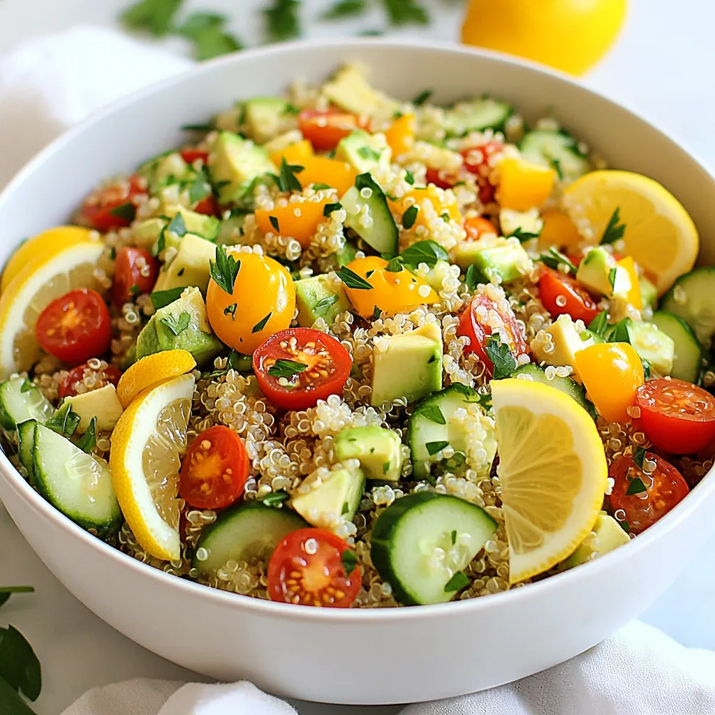 - 1 cup quinoa, rinsed - 2 cups water or vegetable broth - 1 medium cucumber, diced - 1 cup cherry tomatoes, halved - 1/4 cup red onion, finely chopped - 1 avocado, diced - 2 tablespoons fresh parsley, chopped - 2 tablespoons fresh basil, chopped - 3 tablespoons olive oil - 2 tablespoons lemon juice - 2 cloves garlic, minced - Salt and pepper to taste To make Lemon Garlic Quinoa Salad, you need a few key pantry staples. Quinoa is your base. It’s healthy and fills you up. Olive oil adds richness. Lemon juice brightens the flavors. Garlic gives it a nice kick. Salt and pepper enhance the taste. You can swap some fresh ingredients if needed. If you don’t have cucumber, use bell pepper. Cherry tomatoes can be replaced with diced regular tomatoes. Red onion can be switched for green onions or shallots. For herbs, try dill or cilantro instead of parsley or basil. Avocado is optional, but it adds creaminess. {{ingredient_image_1}} To cook quinoa just right, start with one cup of rinsed quinoa. Rinsing removes any bitter taste. In a medium saucepan, add the quinoa and two cups of water or vegetable broth. Bring this mix to a boil over medium heat. Once it bubbles, reduce the heat to low. Cover the pan and let it simmer for about 15 minutes. The liquid should fully absorb by this time. After cooking, take the pan off the heat and let it sit for about 10 minutes. Use a fork to fluff it gently. This step keeps the quinoa light and fluffy. Next, grab a large mixing bowl. Dice one medium cucumber and add it to the bowl. Cut one cup of cherry tomatoes in half and toss them in too. Finely chop a quarter cup of red onion and add that as well. Then, take one avocado, dice it, and mix it in. For some fresh flavor, chop two tablespoons each of parsley and basil. These herbs give the salad a bright taste. Combine all these ingredients gently to keep them intact. For the dressing, use a small bowl. Whisk together three tablespoons of olive oil and two tablespoons of lemon juice. Add two cloves of minced garlic for that zesty kick. Season with salt and pepper to taste. This dressing is the heart of the salad. Once mixed, pour it over the salad ingredients. Add the cooled quinoa on top. Gently toss everything together until well combined. To let the flavors blend, let the salad rest for about 10 minutes before serving. To make fluffy quinoa, rinse it first. Rinsing removes bitter saponins. After cooking, let the quinoa cool for ten minutes. Then, use a fork to fluff it gently. This technique keeps the grains separate and light. Avoid stirring too hard, as that can make it mushy. To boost flavor, try adding feta cheese. It adds a nice salty bite. You can also toss in some olives for a briny kick. If you want heat, add red pepper flakes. Fresh herbs like dill or cilantro can brighten the dish too. Don't forget to taste before serving. Adjust the salt and lemon juice as needed. Serve the salad in a large, colorful bowl. Garnish with extra herbs on top. Lay lemon slices around the edge for a fresh look. This not only looks good but also adds flavor. For a picnic or potluck, consider using jars. Layering the ingredients in jars makes it easy to serve. Plus, it's a fun way to enjoy your salad! Pro Tips Use Broth for Extra Flavor: Cooking quinoa in vegetable broth instead of water adds a rich flavor that enhances the overall taste of your salad. Perfect Avocado Ripeness: Choose avocados that yield slightly to pressure for the perfect creamy texture in your salad. Herb Variations: Feel free to experiment with different herbs like cilantro or mint for a unique twist to the classic flavors. Chill Before Serving: For the best taste, refrigerate the salad for 30 minutes before serving to let the flavors fully develop. {{image_2}} You can make this salad even better by adding protein. Great options include grilled chicken, shrimp, or chickpeas. These add taste and keep you full longer. Simply cook your protein of choice and mix it in with the salad. If you want a quick meal, use canned beans or rotisserie chicken. This way, you enjoy a tasty and filling dish. This salad can easily fit a vegetarian or vegan diet. To keep it vegetarian, use cheese like feta or goat cheese. For a vegan choice, skip the cheese or use a vegan alternative. Tofu is another great addition for protein. You can also add nuts or seeds for extra crunch and nutrients. This makes the salad healthy and delicious for everyone. You can switch up the veggies based on the season. In spring, add peas or asparagus for a fresh crunch. In summer, try bell peppers or zucchini for a colorful touch. Fall brings great choices like roasted butternut squash or sweet potatoes. In winter, use hearty greens like kale or spinach. Adding seasonal vegetables keeps the salad exciting and full of flavor. To keep your lemon garlic quinoa salad fresh, store it in the fridge. Place it in an airtight container. This helps prevent moisture and keeps flavors intact. The salad stays good for about three days. If the salad has avocado, eat it sooner. The avocado may brown and change taste. You can freeze cooked quinoa for later. Let it cool first, then scoop it into freezer bags. Remove as much air as possible before sealing. Label the bags with the date. Frozen quinoa can last up to three months. When you’re ready to use it, thaw it in the fridge overnight or heat it in the microwave. I recommend using glass containers for meal prep. They are sturdy and keep food fresh. Choose containers with tight-fitting lids. You can also use BPA-free plastic containers if you prefer. The key is to ensure they seal well. This way, your lemon garlic quinoa salad stays tasty and ready to eat! To make quinoa fluffy, rinse it well before cooking. This removes the bitter coating called saponin. Use two cups of water or broth for one cup of quinoa. Bring it to a boil. Then, reduce the heat and cover it. Let it simmer for about 15 minutes. After cooking, let it cool for 10 minutes. Fluff it with a fork to separate the grains. This method helps create light and airy quinoa. Yes, you can use a different dressing. If you want a creamy flavor, try yogurt or tahini. For a spicy kick, add hot sauce or chili oil. You can also mix olive oil with vinegar for a tangy taste. Just keep the balance of flavors in mind. Experimenting with different dressings can make the salad your own. Choose what you love to make it special. Yes, lemon garlic quinoa salad is gluten-free. Quinoa itself is a gluten-free grain. It works well for those with gluten allergies or sensitivities. All the other ingredients, like vegetables and olive oil, are also gluten-free. Always check labels for processed items to be safe. This salad is a great choice for everyone. Enjoy it without worries about gluten. You now have the tools to create a delicious lemon garlic quinoa salad. We covered the right ingredients and simple steps to make it just right. You learned tips for perfect quinoa and ways to enhance flavor. Plus, there are plenty of ideas for variations and storage. Enjoy experimenting with this salad using the fresh flavors and tweaks that fit your taste. Cooking can be fun and rewarding. Dive in and make a salad you love!