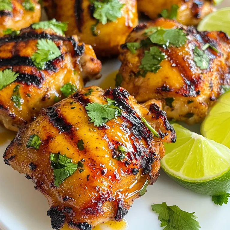 - 4 boneless, skinless chicken thighs - 3 tablespoons Sriracha sauce - 2 tablespoons honey - 2 tablespoons fresh lime juice - 1 tablespoon soy sauce - 2 cloves garlic, minced - 1 teaspoon ground cumin - 1 teaspoon salt - ½ teaspoon black pepper - 1 tablespoon olive oil - Fresh cilantro, for garnish - Lime wedges, for serving To make Sriracha Honey Lime Chicken, you need a mix of bold and bright flavors. Start with four boneless, skinless chicken thighs. They stay juicy and soak up the marinade well. You'll want three tablespoons of Sriracha sauce for heat. This sauce brings a spicy kick that pairs perfectly with honey. Next, add two tablespoons of honey. It balances the heat and adds a touch of sweetness. Fresh lime juice is key too, so grab two tablespoons. The lime juice adds a zesty brightness that lifts the dish. For more depth, include a tablespoon of soy sauce. This adds umami flavor that makes everything pop. Don't forget two cloves of minced garlic. Garlic brings a savory punch to the marinade. Spice it up with one teaspoon of ground cumin. This warm spice adds earthiness. You’ll also need one teaspoon of salt and half a teaspoon of black pepper for seasoning. Lastly, you’ll drizzle one tablespoon of olive oil to help with grilling. Garnish with fresh cilantro for a burst of green and lime wedges for extra zing. This combination of ingredients creates a dish full of flavor and joy. {{ingredient_image_1}} - In a large bowl, combine: - 3 tablespoons Sriracha sauce - 2 tablespoons honey - 2 tablespoons fresh lime juice - 1 tablespoon soy sauce - 2 cloves garlic, minced - 1 teaspoon ground cumin - 1 teaspoon salt - ½ teaspoon black pepper Mix these well to create a smooth marinade. Then, add 4 boneless, skinless chicken thighs. Make sure to coat them well. Cover the bowl and refrigerate for at least 30 minutes. If you have time, marinate for up to 2 hours. This lets the flavors really soak in. - Preheat your grill or grill pan over medium-high heat. - Drizzle the grill surface with 1 tablespoon olive oil to prevent sticking. - Remove the chicken from the marinade, letting the extra drip off. Discard the leftover marinade. - Place the chicken thighs on the grill. Cook them for about 6-7 minutes on each side. - Check that the internal temperature reaches 165°F (75°C). The chicken should have a nice char. - Once cooked, take the chicken off the grill. Let it rest for a few minutes. - This helps the juices stay inside the meat. - Slice the chicken and plate it with fresh cilantro and lime wedges on the side. - This adds a bright touch and extra flavor when served. To get the best taste, marinate the chicken for at least 30 minutes. For deeper flavor, try marinating for up to 2 hours. The longer it sits, the more the flavors blend. If you want to mix it up, you can use different sauces like teriyaki or even a garlic herb blend. Each option adds its unique twist. When grilling, make sure the grill is hot. This helps the chicken cook evenly. Place the chicken on the grill and don't move it too much. Let it sit for about 6-7 minutes on each side. This helps it get that nice char. Always check the internal temperature. It should reach 165°F (75°C) for safe eating. For a fresh look, sprinkle chopped cilantro over the chicken. You can also add lime zest for a pop of color. Serve with lime wedges for an extra burst of flavor. Pair this dish with sides like rice, grilled veggies, or a fresh salad. These sides balance the heat and sweetness perfectly. Pro Tips Marinate for Maximum Flavor: Allow the chicken to marinate for at least 2 hours, or even overnight, to enhance the flavor and tenderness. Check Your Grill Temperature: Ensure your grill is properly preheated to medium-high heat for even cooking and to achieve a nice char on the chicken. Let It Rest: After grilling, let the chicken rest for a few minutes before slicing. This helps retain the juices for a more succulent bite. Customize the Heat Level: Adjust the amount of Sriracha in the marinade to suit your heat preference. You can also add more honey for a sweeter flavor. {{image_2}} To change the spice level, you can add or reduce Sriracha sauce. If you want it milder, use just one tablespoon of Sriracha. You can balance this with more honey or lime juice. For a spicier kick, try adding a splash of chili oil. You can also mix in other hot sauces, like Frank’s RedHot or Tabasco, for a new flavor twist. Each sauce brings its own heat and taste. If you don’t have honey, maple syrup works well as a sweetener. You can also use agave nectar for a lighter taste. For the chicken, boneless, skinless chicken breasts are a great choice. They cook quickly and soak up flavors nicely. You can also use chicken tenders for a fun finger-food option. Both choices keep the dish tasty and simple. If you prefer baking, preheat your oven to 400°F (200°C). Place the marinated chicken on a baking sheet. Bake for 25-30 minutes or until the chicken reaches 165°F (75°C). If you want to use a slow cooker, add the marinated chicken and cook on low for 4-6 hours. This method keeps the chicken juicy and full of flavor. You can choose any method that fits your style! To keep your Sriracha Honey Lime Chicken fresh, store leftovers in the fridge. Place the chicken in an airtight container. This will keep it moist and flavorful. You can also wrap it tightly in plastic wrap, but a container is best. Make sure to cool the chicken before you store it. It should not be warm when you put it away. Store it within two hours after cooking for safety. If you want to freeze the chicken, follow these steps: 1. Let the chicken cool completely before freezing. 2. Cut the chicken into bite-sized pieces for easier storage. 3. Place the pieces in a freezer-safe bag or container. 4. Remove as much air as possible to prevent freezer burn. 5. Label the bag or container with the date. For reheating, take the chicken out of the freezer and thaw it in the fridge overnight. You can also use the microwave, but be careful not to overcook it. Heat it slowly to maintain flavor and texture. The typical shelf life of cooked Sriracha Honey Lime Chicken in the fridge is 3 to 4 days. Always check for signs of spoilage before eating. Look for a change in color or an off smell. If the chicken feels slimy or sticky, it’s best to toss it. Keeping your food safe is important, so always trust your senses! You can pair this chicken with many sides. Here are some ideas: - Steamed rice for a filling meal - Fresh garden salad for crunch - Grilled veggies for added flavor - Corn on the cob for sweetness - Quinoa for a healthy boost These sides balance the spicy and sweet flavors of the chicken. Yes, you can use chicken breasts. They will work well in this recipe. Just make sure to adjust the cooking time. Chicken breasts can dry out quicker than thighs. Aim for about 5-6 minutes per side. Use a meat thermometer to ensure they reach 165°F (75°C). You can marinate the chicken in advance. Prepare the marinade and coat the chicken. Let it sit in the fridge overnight for the best flavor. When you are ready to cook, just grill it. This makes it easy for busy days. Yes, you can grill the chicken on a stovetop. Use a grill pan for the best results. Preheat the pan over medium-high heat and add a bit of oil. Cook the chicken just like you would on an outdoor grill. This method also gives a nice char. Remember to check the cooking time for even results. This blog post walked you through making Sriracha Honey Lime Chicken. You learned about key ingredients, step-by-step grilling, and smart storage tips. I shared ways to adjust spice levels and swap ingredients. As you try this dish, remember to explore the flavors. Enjoying different garnishes or sides can make it special. Don't hesitate to experiment with cooking methods, too. Keep your chicken fresh and tasty with proper storage. With these tips, you can create a meal that impresses everyone at your table.