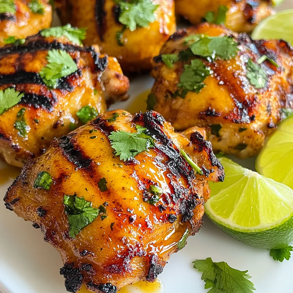 - 4 boneless, skinless chicken thighs - 3 tablespoons Sriracha sauce - 2 tablespoons honey - 2 tablespoons fresh lime juice - 1 tablespoon soy sauce - 2 cloves garlic, minced - 1 teaspoon ground cumin - 1 teaspoon salt - ½ teaspoon black pepper - 1 tablespoon olive oil - Fresh cilantro, for garnish - Lime wedges, for serving To make Sriracha Honey Lime Chicken, you need a mix of bold and bright flavors. Start with four boneless, skinless chicken thighs. They stay juicy and soak up the marinade well. You'll want three tablespoons of Sriracha sauce for heat. This sauce brings a spicy kick that pairs perfectly with honey. Next, add two tablespoons of honey. It balances the heat and adds a touch of sweetness. Fresh lime juice is key too, so grab two tablespoons. The lime juice adds a zesty brightness that lifts the dish. For more depth, include a tablespoon of soy sauce. This adds umami flavor that makes everything pop. Don't forget two cloves of minced garlic. Garlic brings a savory punch to the marinade. Spice it up with one teaspoon of ground cumin. This warm spice adds earthiness. You’ll also need one teaspoon of salt and half a teaspoon of black pepper for seasoning. Lastly, you’ll drizzle one tablespoon of olive oil to help with grilling. Garnish with fresh cilantro for a burst of green and lime wedges for extra zing. This combination of ingredients creates a dish full of flavor and joy. {{ingredient_image_1}} - In a large bowl, combine: - 3 tablespoons Sriracha sauce - 2 tablespoons honey - 2 tablespoons fresh lime juice - 1 tablespoon soy sauce - 2 cloves garlic, minced - 1 teaspoon ground cumin - 1 teaspoon salt - ½ teaspoon black pepper Mix these well to create a smooth marinade. Then, add 4 boneless, skinless chicken thighs. Make sure to coat them well. Cover the bowl and refrigerate for at least 30 minutes. If you have time, marinate for up to 2 hours. This lets the flavors really soak in. - Preheat your grill or grill pan over medium-high heat. - Drizzle the grill surface with 1 tablespoon olive oil to prevent sticking. - Remove the chicken from the marinade, letting the extra drip off. Discard the leftover marinade. - Place the chicken thighs on the grill. Cook them for about 6-7 minutes on each side. - Check that the internal temperature reaches 165°F (75°C). The chicken should have a nice char. - Once cooked, take the chicken off the grill. Let it rest for a few minutes. - This helps the juices stay inside the meat. - Slice the chicken and plate it with fresh cilantro and lime wedges on the side. - This adds a bright touch and extra flavor when served. To get the best taste, marinate the chicken for at least 30 minutes. For deeper flavor, try marinating for up to 2 hours. The longer it sits, the more the flavors blend. If you want to mix it up, you can use different sauces like teriyaki or even a garlic herb blend. Each option adds its unique twist. When grilling, make sure the grill is hot. This helps the chicken cook evenly. Place the chicken on the grill and don't move it too much. Let it sit for about 6-7 minutes on each side. This helps it get that nice char. Always check the internal temperature. It should reach 165°F (75°C) for safe eating. For a fresh look, sprinkle chopped cilantro over the chicken. You can also add lime zest for a pop of color. Serve with lime wedges for an extra burst of flavor. Pair this dish with sides like rice, grilled veggies, or a fresh salad. These sides balance the heat and sweetness perfectly. Pro Tips Marinate for Maximum Flavor: Allow the chicken to marinate for at least 2 hours, or even overnight, to enhance the flavor and tenderness. Check Your Grill Temperature: Ensure your grill is properly preheated to medium-high heat for even cooking and to achieve a nice char on the chicken. Let It Rest: After grilling, let the chicken rest for a few minutes before slicing. This helps retain the juices for a more succulent bite. Customize the Heat Level: Adjust the amount of Sriracha in the marinade to suit your heat preference. You can also add more honey for a sweeter flavor. {{image_2}} To change the spice level, you can add or reduce Sriracha sauce. If you want it milder, use just one tablespoon of Sriracha. You can balance this with more honey or lime juice. For a spicier kick, try adding a splash of chili oil. You can also mix in other hot sauces, like Frank’s RedHot or Tabasco, for a new flavor twist. Each sauce brings its own heat and taste. If you don’t have honey, maple syrup works well as a sweetener. You can also use agave nectar for a lighter taste. For the chicken, boneless, skinless chicken breasts are a great choice. They cook quickly and soak up flavors nicely. You can also use chicken tenders for a fun finger-food option. Both choices keep the dish tasty and simple. If you prefer baking, preheat your oven to 400°F (200°C). Place the marinated chicken on a baking sheet. Bake for 25-30 minutes or until the chicken reaches 165°F (75°C). If you want to use a slow cooker, add the marinated chicken and cook on low for 4-6 hours. This method keeps the chicken juicy and full of flavor. You can choose any method that fits your style! To keep your Sriracha Honey Lime Chicken fresh, store leftovers in the fridge. Place the chicken in an airtight container. This will keep it moist and flavorful. You can also wrap it tightly in plastic wrap, but a container is best. Make sure to cool the chicken before you store it. It should not be warm when you put it away. Store it within two hours after cooking for safety. If you want to freeze the chicken, follow these steps: 1. Let the chicken cool completely before freezing. 2. Cut the chicken into bite-sized pieces for easier storage. 3. Place the pieces in a freezer-safe bag or container. 4. Remove as much air as possible to prevent freezer burn. 5. Label the bag or container with the date. For reheating, take the chicken out of the freezer and thaw it in the fridge overnight. You can also use the microwave, but be careful not to overcook it. Heat it slowly to maintain flavor and texture. The typical shelf life of cooked Sriracha Honey Lime Chicken in the fridge is 3 to 4 days. Always check for signs of spoilage before eating. Look for a change in color or an off smell. If the chicken feels slimy or sticky, it’s best to toss it. Keeping your food safe is important, so always trust your senses! You can pair this chicken with many sides. Here are some ideas: - Steamed rice for a filling meal - Fresh garden salad for crunch - Grilled veggies for added flavor - Corn on the cob for sweetness - Quinoa for a healthy boost These sides balance the spicy and sweet flavors of the chicken. Yes, you can use chicken breasts. They will work well in this recipe. Just make sure to adjust the cooking time. Chicken breasts can dry out quicker than thighs. Aim for about 5-6 minutes per side. Use a meat thermometer to ensure they reach 165°F (75°C). You can marinate the chicken in advance. Prepare the marinade and coat the chicken. Let it sit in the fridge overnight for the best flavor. When you are ready to cook, just grill it. This makes it easy for busy days. Yes, you can grill the chicken on a stovetop. Use a grill pan for the best results. Preheat the pan over medium-high heat and add a bit of oil. Cook the chicken just like you would on an outdoor grill. This method also gives a nice char. Remember to check the cooking time for even results. This blog post walked you through making Sriracha Honey Lime Chicken. You learned about key ingredients, step-by-step grilling, and smart storage tips. I shared ways to adjust spice levels and swap ingredients. As you try this dish, remember to explore the flavors. Enjoying different garnishes or sides can make it special. Don't hesitate to experiment with cooking methods, too. Keep your chicken fresh and tasty with proper storage. With these tips, you can create a meal that impresses everyone at your table.