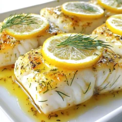 For Lemon Dill Baked Cod, you will need: - 4 fillets of cod (about 6 oz each) - 3 tablespoons olive oil - 2 tablespoons fresh lemon juice - Zest of 1 lemon - 3 cloves garlic, minced - 1 teaspoon fresh dill, chopped - 1 teaspoon dried thyme - Salt and pepper to taste - Lemon slices, for garnish - Fresh dill sprigs, for garnish You will need a few simple tools: - Baking dish - Parchment paper - Small bowl - Whisk - Fork Each serving of Lemon Dill Baked Cod is healthy and tasty. Here’s what you get: - Calories: Approximately 280 - Protein: About 25 grams - Fat: Roughly 18 grams - Carbohydrates: Around 4 grams - Fiber: 0 grams This dish offers a good source of protein and healthy fats. It keeps your meals light and nutritious. Enjoy this delightful dish without guilt! {{ingredient_image_1}} First, set your oven to 400°F (200°C). This step is key for baking the cod. While it heats, line a baking dish with parchment paper. This makes cleanup easy and helps the fish cook evenly. In a small bowl, mix three tablespoons of olive oil, two tablespoons of fresh lemon juice, and the zest of one lemon. Add three cloves of minced garlic, one teaspoon of chopped dill, and one teaspoon of dried thyme. Season with salt and pepper. Whisk it all together until it's well combined. This sauce gives the cod a bright, fresh taste. Now, place four cod fillets in your prepared baking dish, skin-side down if they have skin. Pour the lemon-dill mixture evenly over the fillets. Make sure they are fully coated. This step ensures every bite is tasty. Bake them in your preheated oven for 15-20 minutes. The cod is ready when it flakes easily with a fork. Once it’s done, remove the dish from the oven and let it rest for a couple of minutes. Garnish with fresh lemon slices and dill sprigs before serving. Enjoy your meal! To make Lemon Dill Baked Cod shine, focus on fresh ingredients. Use fresh lemon juice and zest for the best flavor. Fresh dill adds a bright taste that dried herbs can't match. Make sure to preheat your oven to 400°F (200°C). This helps the fish cook evenly. When mixing the lemon-dill sauce, whisk thoroughly. This ensures all the flavors blend well. One common mistake is overcooking the cod. Cod cooks quickly, usually in 15-20 minutes. Check for doneness by using a fork. If it flakes easily, it’s ready. Another mistake is not seasoning enough. Salt and pepper enhance the dish. Don’t skip these simple steps. Garnish your cod with fresh lemon slices and dill sprigs for a lovely look. Serve it with rice or a green salad to balance the meal. You could also pair it with steamed veggies for extra color and nutrients. Pro Tips Choose Fresh Cod: Always opt for fresh cod fillets for the best flavor and texture. If you use frozen cod, make sure to fully thaw it beforehand for even cooking. Marinate for More Flavor: If time allows, marinate the fish in the lemon-dill mixture for 30 minutes to an hour in the refrigerator. This enhances the flavors significantly. Check for Doneness: Cod is done when it flakes easily with a fork and has an internal temperature of 145°F (63°C). Keep an eye on it to avoid overcooking. Serve with Sides: Pair this dish with a light salad or steamed vegetables for a balanced meal. Quinoa or rice also complement the flavors beautifully. {{image_2}} You can change the flavor of your cod by using different herbs and spices. For a fresh twist, try parsley, basil, or cilantro. If you like heat, add some red pepper flakes. You can mix and match to find your favorite flavor. Each herb gives a unique taste to the dish. Baking is not the only way to cook cod. You can grill it for a smoky flavor. Simply brush the fillets with olive oil and season as you like. Cook on medium heat until the fish flakes easily. Frying is another option, giving a crispy texture. Use a hot skillet with oil and cook each side for a few minutes. Pair your lemon dill baked cod with fresh sides. Steamed vegetables like asparagus or green beans work well. A light salad with mixed greens adds a nice crunch. You can also serve it with rice or quinoa for a filling meal. These sides balance the flavors and make your meal complete. After your meal, let the cod cool down first. Place any leftovers in an airtight container. This helps keep the fish fresh. Store it in the fridge for up to three days. Label the container with the date. This way, you won't forget when you cooked it. To reheat, you can use the oven or a microwave. For the oven, set it to 350°F (175°C). Place the cod on a baking sheet and cover it with foil. Heat for about 10 minutes or until warm. If using a microwave, put the cod on a plate. Heat in 30-second bursts until warm. Be careful not to overcook it, or it will get dry. If you want to freeze the cod, do it right away. Wrap each fillet tightly in plastic wrap. Then, place the wrapped fillets in a freezer bag. Label the bag with the date. You can freeze it for up to three months. When you're ready to eat, thaw it in the fridge overnight before reheating. Yes, you can use frozen cod fillets. Just thaw them before cooking. Thawing helps the fish cook evenly. You can thaw fillets in the fridge overnight or use cold water. If you use frozen fillets, adjust your cooking time. They may need a few extra minutes in the oven. If you don't have dill, you can use parsley or thyme. Both herbs add flavor without being too strong. You can also try tarragon, as it has a nice taste. Choose an herb that you enjoy. Just remember, each herb has a unique flavor. Cod is done when it flakes easily with a fork. You can check the thickest part of the fillet. Look for a white, opaque color. The internal temperature should reach 145°F (63°C). If you see these signs, your cod is ready to eat! This blog post covers cod cooking from start to finish. We explored key ingredients and equipment needed. I shared a step-by-step guide for baking cod, along with tips to improve your dish. We also discussed variations and how to store leftover cod. Whether you grill, fry, or bake, you can enjoy this tasty fish. Follow the methods here for a delightful meal. Cooking cod is simple and rewarding. You now have the tools to make it a hit at your table.