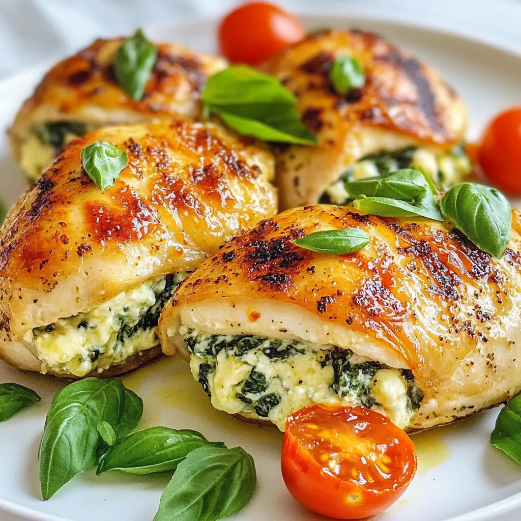 - 4 boneless, skinless chicken breasts - 1 cup ricotta cheese - 1 cup fresh spinach, chopped - ½ cup shredded mozzarella cheese - 2 cloves garlic, minced - 1 teaspoon dried oregano - 2 tablespoons olive oil - 1 teaspoon salt - ½ teaspoon black pepper - ½ cup cherry tomatoes, halved - Fresh basil leaves For this tasty dish, you need fresh and simple ingredients. The chicken breasts form the main part. They are easy to work with. Then, you have ricotta cheese. This cheese brings a creamy and rich flavor. Fresh spinach adds a nice touch and color. Lastly, the mozzarella cheese melts beautifully, giving a great texture. You will also want some garlic for aroma and flavor. Oregano adds a hint of earthiness. The olive oil helps in cooking and adds richness. Salt and black pepper enhance all the flavors. For garnishing, cherry tomatoes add a pop of color and sweetness. Fresh basil leaves give a nice aroma and fresh taste. These ingredients come together to make a delightful meal. Enjoy gathering them for your cooking adventure! {{ingredient_image_1}} To start, grab a mixing bowl. Add 1 cup of ricotta cheese and 1 cup of fresh, chopped spinach. Toss in ½ cup of shredded mozzarella cheese and 2 minced garlic cloves. Sprinkle in 1 teaspoon of dried oregano, 1 teaspoon of salt, and ½ teaspoon of black pepper. Mix everything well until it forms a smooth texture. This filling is creamy and packed with flavor. Next, take 4 boneless, skinless chicken breasts. Pat them dry using paper towels. Slice each breast horizontally to create a pocket, but be careful not to cut all the way through. This pocket will hold your tasty filling. Now, stuff each chicken breast with about ¼ of your ricotta mixture. Make sure to fill them generously for the best taste. Heat 2 tablespoons of olive oil in an oven-safe skillet over medium-high heat. Once hot, add the stuffed chicken breasts. Sear each side for about 4 to 5 minutes until golden brown. After searing, transfer the skillet to your preheated oven at 375°F (190°C). Bake the chicken for 20 to 25 minutes, or until it reaches an internal temperature of 165°F (75°C). Allow the chicken to rest for 5 minutes before slicing. Enjoy your delicious stuffed chicken! To avoid spilling stuffing, use a spoon to fill each chicken breast pocket. Pack the filling gently but firmly. Make sure not to overstuff; this keeps the filling inside. For checking doneness, use a meat thermometer. Chicken should reach 165°F (75°C). If you don’t have a thermometer, cut into the thickest part. The juices should run clear with no pink inside. To boost flavor, try adding fresh herbs like thyme or parsley. You can also use a pinch of red pepper flakes for a kick. If you want to switch up the cheese, use feta for a tangy taste. Cream cheese works too, giving a rich, creamy texture. For a beautiful dish, slice the chicken at an angle after resting. Arrange it on a plate with the stuffing facing up. Scatter halved cherry tomatoes around for color. Add fresh basil leaves on top for a vibrant finish. Serve with a light salad or roasted veggies for a complete meal. Pro Tips Tip Title: Use Fresh Ingredients: Fresh spinach and high-quality ricotta will elevate the flavor of your stuffed chicken, making it taste more vibrant and delicious. Tip Title: Searing for Flavor: Don’t skip the searing step; it adds a beautiful golden crust and locks in moisture for juicier chicken. Tip Title: Resting Time Matters: Allow the chicken to rest for a few minutes after baking. This helps the juices redistribute, ensuring each bite is succulent. Tip Title: Experiment with Cheeses: Feel free to mix in other cheeses like feta or goat cheese for a unique twist on the classic flavor profile. {{image_2}} You can mix things up with different cheeses. Try using feta for a tangy kick. Cream cheese also works well for a rich filling. For veggies, consider adding mushrooms or artichokes. Both add great flavor and texture. These swaps make the dish your own while keeping it delicious. If you're looking for low-carb or keto options, use chicken thighs instead. They add juiciness and flavor. For gluten-free needs, this dish is already safe. Just ensure any added ingredients like sauces are gluten-free. These adjustments keep the meal tasty for everyone. Want to grill? Just marinate the chicken a bit before grilling. Cook it over medium heat until done. If you prefer a slow cooker, brown the chicken first. Then, add it to the slow cooker with the filling. Cook on low for about 4 hours. This method keeps the chicken super tender and flavorful. To keep your Spinach Ricotta Stuffed Chicken fresh, use airtight containers. Glass or plastic containers work well. Store the chicken in the fridge right after it cools. The ideal temperature is below 40°F (4°C). This way, it stays tasty for up to three days. When reheating, you want to keep the chicken moist. The best way is to use the oven. Preheat it to 350°F (175°C). Place the chicken in an oven-safe dish and cover it with foil. This helps trap steam and moisture. Heat for about 15-20 minutes. If using a microwave, it’s faster but may dry out the chicken. Use a microwave-safe cover to help keep it moist. You can freeze this dish both before and after cooking. If you freeze it before cooking, wrap each stuffed chicken breast tightly in plastic wrap. Then place them in a freezer bag. If you freeze after cooking, let the chicken cool completely first. Label each bag with the date. This method keeps your dish safe for up to three months. You can serve this dish with many sides. Here are some tasty options: - Steamed broccoli: Adds color and crunch. - Garlic mashed potatoes: Creamy and comforting. - Quinoa salad: Light and healthy, packed with flavor. - Roasted vegetables: Carrots, zucchini, or bell peppers work great. - Mixed green salad: Fresh greens with a simple vinaigrette. Bake the chicken at 375°F (190°C). The chicken needs 20-25 minutes in the oven. Always check the chicken's internal temperature. It should reach 165°F (75°C) to be safe to eat. Use a meat thermometer for the best results. Yes, you can prep this dish in advance. Stuff the chicken and store it in the fridge for up to a day. Cover the chicken tightly to keep it fresh. When you're ready to cook, just sear and bake as directed. You can also freeze the stuffed chicken before cooking. Just make sure to label it and use it within three months for best taste. In summary, this blog post covers everything you need for Spinach Ricotta Stuffed Chicken. We explored key ingredients like chicken, ricotta, and spinach, along with seasonings and garnishes. The step-by-step guide simplifies preparation and cooking, ensuring a perfect meal. Additionally, I shared tips for flavor, storage, and variations. Embrace your cooking journey, try these methods, and enjoy a delicious dish you can be proud of. Your kitchen adventure awaits with this tasty recipe!
