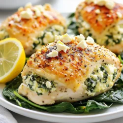 To make this dish, gather the following items: - 4 boneless, skinless chicken breasts - 2 cups fresh spinach, chopped - 1 cup feta cheese, crumbled - 1/2 cup cream cheese, softened - 2 garlic cloves, minced - 1 teaspoon dried oregano - 1/2 teaspoon black pepper - 1/4 teaspoon salt - 1 tablespoon olive oil - Zest of 1 lemon - Juice of 1/2 lemon I prefer fresh spinach for this recipe. It gives a crisp flavor and bright color. Fresh spinach wilts nicely when cooked, mixing well with the cheese. If you only have frozen spinach, that works too. Just make sure to thaw and drain it well. Frozen spinach can be watery, which may make your filling too soggy. Always aim for a nice texture in the filling. Feta cheese adds a unique taste, but you can swap it if needed. Here are some alternatives: - Goat cheese gives a tangy flavor. - Ricotta cheese makes a creamy filling. - Cotija cheese offers a crumbly texture. Choose a cheese that matches your taste. Each option will change the final flavor a bit, but all can work well in this dish. {{ingredient_image_1}} To begin, take your chicken breasts. You need four boneless, skinless pieces. Place each breast on a cutting board. With a sharp knife, slice into the side of each breast. Make a pocket, but don't cut all the way through. This pocket will hold the tasty filling later. Next, grab a mixing bowl. Add two cups of fresh, chopped spinach. Then, add one cup of crumbled feta cheese. Toss in half a cup of softened cream cheese. Mince two garlic cloves and add them to the bowl. Sprinkle in one teaspoon of dried oregano, half a teaspoon of black pepper, and a quarter teaspoon of salt. Don’t forget the zest of one lemon and the juice of half a lemon. Mix everything well until it looks creamy and colorful. Now, heat one tablespoon of olive oil in a skillet over medium-high heat. Take your stuffed chicken breasts and place them in the hot skillet. Sear each side for about three to four minutes. You want them golden brown. After searing, transfer the chicken to a baking dish. Bake in the preheated oven at 375°F (190°C) for 20 to 25 minutes. Check for doneness; the chicken should not be pink inside. Let it rest for a few minutes before slicing. Enjoy your meal! To keep your chicken moist, start with fresh breasts. Always use a meat thermometer. Aim for an internal temperature of 165°F (74°C). This ensures safe cooking while keeping the meat juicy. You can also brine chicken in saltwater for a few hours before cooking. This step adds flavor and moisture. Searing your stuffed chicken is key. Heat olive oil in a skillet before adding the chicken. Sear each side for 3-4 minutes. This gives a nice golden crust. After searing, bake the chicken in the oven. Baking helps cook it evenly and keeps the filling warm. Use a sharp knife to slice the chicken. A meat thermometer is crucial for checking doneness. A large skillet is perfect for searing. You’ll also need a baking dish for the oven. Toothpicks help keep the filling inside while cooking. Lastly, have a mixing bowl ready for your filling. Pro Tips Use Fresh Spinach: Fresh spinach adds vibrant flavor and nutrition. If using frozen spinach, be sure to thaw and drain it completely to avoid excess moisture. Secure the Pocket: If the chicken pocket is large, use toothpicks to secure the opening after stuffing. This prevents the filling from leaking out during cooking. Check for Doneness: Ensure the chicken is fully cooked by using a meat thermometer; it should read 165°F (75°C) when done. Let It Rest: Allow the chicken to rest for a few minutes after baking. This helps the juices redistribute, keeping the meat moist and flavorful. {{image_2}} You can switch up the flavors by using different cheeses. Try goat cheese for a tangy kick. Mozzarella adds a nice stretch and creaminess. For a sharp taste, use aged cheddar. Mix and match according to what you love. Each cheese will give the dish a unique twist. If you want to change the greens, kale works well. You can also use Swiss chard or collard greens. These options have a similar texture but a different taste. Cooking them down will keep the filling moist and flavorful. Experiment with what you have on hand! Herbs and spices can bring your spinach feta stuffed chicken to life. Add fresh basil for a sweet aroma. A pinch of red pepper flakes gives some heat. Thyme or rosemary can add depth. Don’t be afraid to try new combinations. Each herb will create a new taste experience! To keep your Spinach Feta Stuffed Chicken fresh, store it in the fridge. Use an airtight container to prevent moisture loss and keep the chicken tasty. It can last for 3 to 4 days in the fridge. If you have leftovers, make sure they cool down before putting them in the fridge. You can freeze Spinach Feta Stuffed Chicken for up to 3 months. Wrap each piece tightly in plastic wrap and place them in a freezer-safe bag. This way, you can enjoy this meal later. To use, simply thaw in the fridge overnight before reheating. To reheat the stuffed chicken, place it in a preheated oven at 350°F (175°C). Heat for about 15-20 minutes or until warm. You can also use a microwave, but it may not keep the chicken crispy. Make sure to check that the chicken is heated all the way through before serving. Yes, you can prepare Spinach Feta Stuffed Chicken ahead of time. You can stuff the chicken breasts and then cover them. Keep them in the fridge for up to 24 hours. When you're ready to cook, just sear and bake them. This saves you time and adds flavor as the chicken sits with the filling. The internal temperature of stuffed chicken should reach 165°F (75°C). Use a meat thermometer to check the thickest part of the chicken. This ensures that it's safe to eat. If it's not at this temperature, return it to the oven until it is. Yes, you can grill Spinach Feta Stuffed Chicken. First, sear the chicken on a skillet for a few minutes. Then, move it to the grill. Cook on medium heat until the chicken reaches 165°F (75°C). Grilling adds a smoky flavor that pairs well with the filling. Enjoy the crispy outside and juicy inside! This guide covered ingredients, cooking steps, and tips for Spinach Feta Stuffed Chicken. Fresh versus frozen spinach and cheese substitutes can change the taste. You learned to keep chicken moist and explored various cooking tools. We discussed fun variations and how to store leftovers. Overall, this meal is easy and tasty. With the right steps, you can impress anyone. Enjoy your cooking, and don’t be afraid to try new flavors!
