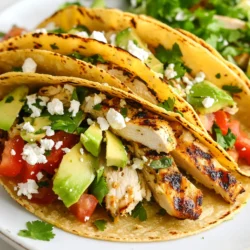 To make delicious chili lime chicken tacos, gather these key items: - 2 large chicken breasts, boneless and skinless - 2 tablespoons olive oil - 2 tablespoons chili powder - 1 teaspoon cumin - 1 teaspoon garlic powder - 1 teaspoon onion powder - 1 teaspoon paprika - Juice of 2 limes - Zest of 1 lime - Salt and pepper to taste - 8 small corn tortillas - 1 cup shredded lettuce - 1 cup diced tomatoes - 1 avocado, sliced These ingredients create a tasty balance of flavors. The chicken absorbs the marinade well, and the lime adds a fresh kick. You can add these items for extra flavor and texture: - ½ cup crumbled feta cheese - Fresh cilantro for garnish These optional ingredients can elevate your tacos. The feta adds creaminess, and cilantro brings a burst of freshness. To prepare your tacos, you will need: - Mixing bowl - Grill pan or skillet - Knife - Cutting board - Tongs Having the right tools makes cooking easier. A grill pan gives your chicken nice grill marks, making it look great on your plate. {{ingredient_image_1}} Start by making the marinade. In a bowl, mix together olive oil, chili powder, cumin, garlic powder, onion powder, paprika, lime juice, lime zest, salt, and pepper. This mix creates bold flavors for the chicken. Add the chicken breasts to the bowl and coat them well. Cover the bowl and place it in the fridge. Let it marinate for at least 30 minutes. For even better taste, marinate overnight. Next, heat a grill pan or skillet over medium-high heat. Once hot, add the marinated chicken breasts. Cook each side for about 6 to 7 minutes. You want the chicken to be cooked through and have nice grill marks. Use a meat thermometer to check. The internal temperature should reach 165°F. When done, remove the chicken and let it rest for about 5 minutes. This helps keep it juicy. After resting, slice the chicken into thin strips. Now, it’s time to build your tacos. Warm the corn tortillas in the same pan. Heat each one for about 30 seconds on each side until warm and slightly charred. Lay out the tortillas on a plate. Add a good amount of sliced chicken to each one. Top with shredded lettuce, diced tomatoes, and avocado slices. If you like, sprinkle on some crumbled feta cheese. Finish with fresh cilantro and a squeeze of lime juice. Enjoy your tasty chili lime chicken tacos! To make your marinade shine, use fresh lime juice and zest. This adds a bright kick. Mix the olive oil, chili powder, cumin, garlic powder, onion powder, paprika, salt, and pepper in a bowl. Coat the chicken breasts well. Let them hang out in the fridge for at least 30 minutes. If you can wait longer, marinate overnight. This makes the chicken super tasty. Heat your grill pan or skillet over medium-high heat. A hot pan gives good grill marks. Cook the marinated chicken for 6-7 minutes on each side. Check that the chicken reaches 165°F (75°C) inside. This guarantees it is safe to eat. After cooking, let the chicken rest for 5 minutes. Resting helps keep the juices inside. Then, slice the chicken into thin strips. Warm your corn tortillas in the same pan for a bit. Just 30 seconds on each side works well. Assemble your tacos by placing sliced chicken on each tortilla. Add shredded lettuce, diced tomatoes, and avocado slices. If you like, sprinkle on crumbled feta cheese. Finish with fresh cilantro and a squeeze of lime juice. Serve right away with lime wedges on the side. Enjoy every flavorful bite! Pro Tips Marinate Longer for More Flavor: For the best flavor, marinate the chicken for at least 2 hours, or overnight if possible. This allows the spices to penetrate the meat, making it juicier and more flavorful. Use Fresh Lime Juice: Always opt for fresh lime juice over bottled for a brighter and more vibrant flavor. The zest also adds an aromatic quality that enhances the overall taste of the tacos. Keep Ingredients Balanced: When assembling your tacos, ensure a balanced ratio of chicken to toppings. This will help each bite be flavorful and satisfying, preventing them from becoming too overloaded. Customize Your Toppings: Feel free to get creative with your toppings! Add pickled red onions, jalapeños, or a dollop of sour cream for extra flavor and texture. {{image_2}} To make your tacos spicier, add sliced jalapeños or crushed red pepper. You can mix these into the marinade or sprinkle them on top. The heat pairs well with the lime flavor. This twist gives you a tasty kick that many will love! If you want a veggie version, swap the chicken for marinated tofu or jackfruit. Tofu absorbs flavors well. Use the same marinade for a great taste. Cook it just like the chicken. Jackfruit gives a shredded texture. Both options make delicious tacos! Toppings can change your taco game! Try adding fresh corn, black beans, or pickled onions. Each adds a new flavor and texture. You can also use different cheeses like queso fresco or cheddar. Don’t forget a squeeze of lime juice for extra zest! If you have leftover tacos, store them in an airtight container. Keep the chicken and toppings separate. This helps keep the tortillas from getting soggy. You can store them in the fridge for up to three days. When you want to eat them, just reheat the chicken and warm the tortillas again. To freeze the chicken, wrap it tightly in plastic wrap. Then, place it in a freezer bag. This way, it stays fresh. You can freeze it for up to three months. When you’re ready to use it, thaw it in the fridge overnight. This keeps the chicken safe and tasty. To reheat the chicken, use either a microwave or a skillet. If using a microwave, place it on a plate and cover it. Heat it in short bursts until hot. If using a skillet, warm it over medium heat for a few minutes. Make sure the chicken is heated through. Then, warm the tortillas in the skillet for a few seconds to bring back their softness. Enjoy your tasty tacos again! You should marinate the chicken for at least 30 minutes. If you have more time, let it sit overnight. This gives the chicken a deeper flavor and makes it juicier. The lime juice and spices will soak in well. Yes, you can use other proteins for these tacos. Shrimp, beef, or tofu work great. Just adjust the cooking time for each protein. Shrimp cooks fast, while beef may need longer. You can top your tacos with many ingredients. Here are some ideas: - Shredded lettuce - Diced tomatoes - Sliced avocado - Crumbled feta cheese (optional) - Fresh cilantro - Lime wedges for extra zest Feel free to mix and match your favorite toppings! This blog covered the key steps to make delicious Chili Lime Chicken Tacos. We looked at the necessary ingredients, cooking tools, and how to marinate and cook the chicken. You learned tips for perfect tacos and fun variations, like spicy options and vegetarian choices. Finally, we discussed how to store leftovers and answer common questions. Enjoy your cooking and have fun with different flavors and toppings. Tacos can be simple or gourmet; it’s all up to you!
