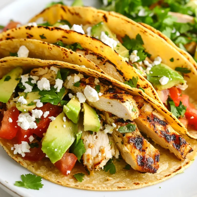 To make delicious chili lime chicken tacos, gather these key items: - 2 large chicken breasts, boneless and skinless - 2 tablespoons olive oil - 2 tablespoons chili powder - 1 teaspoon cumin - 1 teaspoon garlic powder - 1 teaspoon onion powder - 1 teaspoon paprika - Juice of 2 limes - Zest of 1 lime - Salt and pepper to taste - 8 small corn tortillas - 1 cup shredded lettuce - 1 cup diced tomatoes - 1 avocado, sliced These ingredients create a tasty balance of flavors. The chicken absorbs the marinade well, and the lime adds a fresh kick. You can add these items for extra flavor and texture: - ½ cup crumbled feta cheese - Fresh cilantro for garnish These optional ingredients can elevate your tacos. The feta adds creaminess, and cilantro brings a burst of freshness. To prepare your tacos, you will need: - Mixing bowl - Grill pan or skillet - Knife - Cutting board - Tongs Having the right tools makes cooking easier. A grill pan gives your chicken nice grill marks, making it look great on your plate. {{ingredient_image_1}} Start by making the marinade. In a bowl, mix together olive oil, chili powder, cumin, garlic powder, onion powder, paprika, lime juice, lime zest, salt, and pepper. This mix creates bold flavors for the chicken. Add the chicken breasts to the bowl and coat them well. Cover the bowl and place it in the fridge. Let it marinate for at least 30 minutes. For even better taste, marinate overnight. Next, heat a grill pan or skillet over medium-high heat. Once hot, add the marinated chicken breasts. Cook each side for about 6 to 7 minutes. You want the chicken to be cooked through and have nice grill marks. Use a meat thermometer to check. The internal temperature should reach 165°F. When done, remove the chicken and let it rest for about 5 minutes. This helps keep it juicy. After resting, slice the chicken into thin strips. Now, it’s time to build your tacos. Warm the corn tortillas in the same pan. Heat each one for about 30 seconds on each side until warm and slightly charred. Lay out the tortillas on a plate. Add a good amount of sliced chicken to each one. Top with shredded lettuce, diced tomatoes, and avocado slices. If you like, sprinkle on some crumbled feta cheese. Finish with fresh cilantro and a squeeze of lime juice. Enjoy your tasty chili lime chicken tacos! To make your marinade shine, use fresh lime juice and zest. This adds a bright kick. Mix the olive oil, chili powder, cumin, garlic powder, onion powder, paprika, salt, and pepper in a bowl. Coat the chicken breasts well. Let them hang out in the fridge for at least 30 minutes. If you can wait longer, marinate overnight. This makes the chicken super tasty. Heat your grill pan or skillet over medium-high heat. A hot pan gives good grill marks. Cook the marinated chicken for 6-7 minutes on each side. Check that the chicken reaches 165°F (75°C) inside. This guarantees it is safe to eat. After cooking, let the chicken rest for 5 minutes. Resting helps keep the juices inside. Then, slice the chicken into thin strips. Warm your corn tortillas in the same pan for a bit. Just 30 seconds on each side works well. Assemble your tacos by placing sliced chicken on each tortilla. Add shredded lettuce, diced tomatoes, and avocado slices. If you like, sprinkle on crumbled feta cheese. Finish with fresh cilantro and a squeeze of lime juice. Serve right away with lime wedges on the side. Enjoy every flavorful bite! Pro Tips Marinate Longer for More Flavor: For the best flavor, marinate the chicken for at least 2 hours, or overnight if possible. This allows the spices to penetrate the meat, making it juicier and more flavorful. Use Fresh Lime Juice: Always opt for fresh lime juice over bottled for a brighter and more vibrant flavor. The zest also adds an aromatic quality that enhances the overall taste of the tacos. Keep Ingredients Balanced: When assembling your tacos, ensure a balanced ratio of chicken to toppings. This will help each bite be flavorful and satisfying, preventing them from becoming too overloaded. Customize Your Toppings: Feel free to get creative with your toppings! Add pickled red onions, jalapeños, or a dollop of sour cream for extra flavor and texture. {{image_2}} To make your tacos spicier, add sliced jalapeños or crushed red pepper. You can mix these into the marinade or sprinkle them on top. The heat pairs well with the lime flavor. This twist gives you a tasty kick that many will love! If you want a veggie version, swap the chicken for marinated tofu or jackfruit. Tofu absorbs flavors well. Use the same marinade for a great taste. Cook it just like the chicken. Jackfruit gives a shredded texture. Both options make delicious tacos! Toppings can change your taco game! Try adding fresh corn, black beans, or pickled onions. Each adds a new flavor and texture. You can also use different cheeses like queso fresco or cheddar. Don’t forget a squeeze of lime juice for extra zest! If you have leftover tacos, store them in an airtight container. Keep the chicken and toppings separate. This helps keep the tortillas from getting soggy. You can store them in the fridge for up to three days. When you want to eat them, just reheat the chicken and warm the tortillas again. To freeze the chicken, wrap it tightly in plastic wrap. Then, place it in a freezer bag. This way, it stays fresh. You can freeze it for up to three months. When you’re ready to use it, thaw it in the fridge overnight. This keeps the chicken safe and tasty. To reheat the chicken, use either a microwave or a skillet. If using a microwave, place it on a plate and cover it. Heat it in short bursts until hot. If using a skillet, warm it over medium heat for a few minutes. Make sure the chicken is heated through. Then, warm the tortillas in the skillet for a few seconds to bring back their softness. Enjoy your tasty tacos again! You should marinate the chicken for at least 30 minutes. If you have more time, let it sit overnight. This gives the chicken a deeper flavor and makes it juicier. The lime juice and spices will soak in well. Yes, you can use other proteins for these tacos. Shrimp, beef, or tofu work great. Just adjust the cooking time for each protein. Shrimp cooks fast, while beef may need longer. You can top your tacos with many ingredients. Here are some ideas: - Shredded lettuce - Diced tomatoes - Sliced avocado - Crumbled feta cheese (optional) - Fresh cilantro - Lime wedges for extra zest Feel free to mix and match your favorite toppings! This blog covered the key steps to make delicious Chili Lime Chicken Tacos. We looked at the necessary ingredients, cooking tools, and how to marinate and cook the chicken. You learned tips for perfect tacos and fun variations, like spicy options and vegetarian choices. Finally, we discussed how to store leftovers and answer common questions. Enjoy your cooking and have fun with different flavors and toppings. Tacos can be simple or gourmet; it’s all up to you!