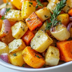 - 2 medium carrots, peeled and cut into thick rounds - 2 medium parsnips, peeled and cut into thick rounds - 1 large sweet potato, peeled and chopped into cubes - 1 small red onion, cut into wedges - 2 teaspoons fresh thyme, chopped (or 1 teaspoon dried thyme) - 2 teaspoons fresh rosemary, chopped (or 1 teaspoon dried rosemary) - 3 tablespoons olive oil - 1 tablespoon honey (optional for a touch of sweetness) - Use salt and pepper to taste - Try using garlic powder or paprika for extra flavor - Mix in other herbs like oregano or basil for variety {{ingredient_image_1}} Start by peeling your root vegetables. For this dish, I use: - 2 medium carrots - 2 medium parsnips - 1 large sweet potato - 1 small red onion Cut the carrots and parsnips into thick rounds. Chop the sweet potato into cubes. Cut the red onion into wedges. Next, place all these veggies into a large mixing bowl. Drizzle in 3 tablespoons of olive oil and, if you like, 1 tablespoon of honey for a hint of sweetness. Toss everything well to coat. Now, sprinkle in 2 teaspoons of fresh thyme and rosemary. Add salt and pepper to taste. Toss again until the herbs and spices mix well with the veggies. Preheat your oven to 425°F (220°C). This high heat helps the veggies get crispy and golden. Spread the vegetable mixture in a single layer on a large baking sheet lined with parchment paper. This makes cleanup easy and ensures even cooking. Roast in the preheated oven for 30 to 35 minutes. Stir halfway through to help them cook evenly. When they are golden brown and tender, they are ready. After roasting, remove the vegetables from the oven. Let them cool for a few minutes. This helps the flavors settle. For a beautiful presentation, serve the warm roasted vegetables on a rustic wooden platter. Garnish with fresh herb sprigs for added color. Enjoy your tasty dish! To get your vegetables cooked just right, start by cutting them into similar sizes. This helps them cook at the same time. I like to cut carrots and parsnips into thick rounds, while sweet potatoes work best in cubes. Make sure to spread your veggies in a single layer on the baking sheet. This ensures even cooking and gives them a nice crisp. You can boost the taste of your roasted vegetables with spices. Try adding paprika or cumin for a warm twist. A splash of lemon juice or orange zest can brighten up the dish. Different oils also add unique flavors. For example, using avocado oil gives a buttery taste. You could even try infused oils for an extra kick. Roasting times change based on how big your vegetable pieces are. Smaller pieces cook faster, so keep an eye on them. The ideal oven temperature for root vegetables is 425°F (220°C). This high heat helps caramelize the sugars in the veggies, giving them a sweet flavor. If your vegetables are not browning, you may need a bit more time. Pro Tips Choose Fresh Vegetables: Select vibrant, firm vegetables for the best flavor and texture. Fresh produce will enhance the overall taste of your dish. Uniform Cutting: Cut all vegetables into similar sizes to ensure even cooking. This helps them roast uniformly and achieve the perfect tenderness. Don't Overcrowd the Pan: Spread the vegetables out in a single layer on the baking sheet. Overcrowding can cause steaming instead of roasting, which affects flavor and texture. Experiment with Herbs: Feel free to mix and match herbs according to your preference. Adding different herbs can give a unique twist to the flavor profile. {{image_2}} You can change the root vegetables based on the season. In spring, use young beets or turnips. In summer, try zucchini or radishes. Fall brings great choices like butternut squash. Winter is perfect for rutabaga or celeriac. You can also mix different roots for a colorful dish. Combine carrots with parsnips for sweetness. Adding sweet potatoes gives a lovely texture. If you want a quicker method, try air frying. It gives you crispy edges while using less oil. Set your air fryer to 400°F (200°C) and cook for about 25 minutes. Shake the basket halfway for even cooking. You can also grill these veggies. Toss them in a grill basket and cook over medium heat. This adds a nice smoky flavor. To make your dish stand out, add garlic. Mince two cloves and mix them with the veggies. This gives a savory punch. You can also use citrus zest for brightness. Grate some lemon or orange peel into the mix. This adds a fresh twist. For a sweet version, drizzle extra honey before roasting. Balance it with a pinch of salt to enhance the taste. After enjoying your herb roasted root vegetables, you may have some left. To keep them fresh, place the leftovers in an airtight container. This helps prevent drying out. Store them in the fridge for up to four days. If you want to keep them longer, consider freezing them. You can reheat your roasted vegetables in either the oven or microwave. For the oven, set it to 350°F (175°C). Spread the veggies on a baking sheet and heat for about 10-15 minutes. This method keeps them crispy. If you're in a hurry, the microwave works too. Heat them in a bowl for about two minutes. Stir halfway to warm evenly. To freeze your roasted root vegetables, let them cool completely first. Then, place them in a freezer-safe bag or container. Make sure to remove as much air as possible to prevent freezer burn. They can last up to three months in the freezer. When you're ready to eat them, thaw in the fridge overnight. Reheat as described above for the best taste. Roasted root vegetables last about 3 to 5 days in the fridge. To keep them fresh, store them in an airtight container. Make sure they cool down before sealing. This helps prevent moisture buildup, which can make them soggy. You can use frozen vegetables, but they may change the dish's texture. Frozen veggies often lose some crispness when roasted. They can also release water, which may make the dish less flavorful. If you choose frozen, reduce the cooking time. Check for tenderness to ensure they cook well. The best seasoning for roasted root vegetables includes fresh herbs and simple spices. My favorite mix is fresh thyme and rosemary. They add a lovely aroma and depth of flavor. You can also try a sprinkle of garlic powder or smoked paprika for a twist. Salt and pepper are vital for balance, too. Feel free to mix and match herbs to find your perfect blend. Roasting root vegetables is simple and fun. You’ve learned about the best ingredients, like carrots and sweet potatoes, and how to prepare, cook, and serve them. I shared tips for perfect roasting and ideas to try different veggies and cooking methods. Finally, we discussed how to store, reheat, and freeze leftovers. By mastering these skills, you can create tasty dishes that everyone will enjoy. Now, gather your veggies and start roasting! You’ll love the results.