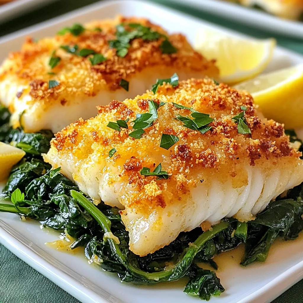 - 4 cod fillets (about 6 ounces each) - 1 cup grated Parmesan cheese - 1/2 cup breadcrumbs (Panko for extra crunch) - 2 tablespoons fresh parsley, chopped - 1 lemon, zested and juiced - 2 tablespoons Dijon mustard - 1 tablespoon olive oil - 1 teaspoon garlic powder - Salt and pepper to taste Gather these ingredients before you start cooking. Fresh cod is key for great taste. I love using Panko breadcrumbs. They give the crust a nice crunch. You can find them in most grocery stores. Fresh parsley adds a pop of color and flavor. Use a zester for the lemon to get the best zest. The mustard mixture adds a wonderful tang. It helps the crust stick too. Having everything prepped makes cooking easier and more fun! {{ingredient_image_1}} - Preheat the oven to 425°F (220°C). - Line a baking sheet with parchment paper. This makes cleanup easy. - In a bowl, combine: - 1 cup grated Parmesan cheese - 1/2 cup breadcrumbs (I prefer Panko for extra crunch) - 2 tablespoons fresh parsley, chopped - Zest from 1 lemon - 1 teaspoon garlic powder - Salt and pepper to taste - Mix these ingredients until they blend well. Set this mixture aside. - In a small bowl, whisk together: - 2 tablespoons Dijon mustard - 1 tablespoon olive oil - Juice from 1 lemon - Whisk until well combined. This adds great flavor. - Pat 4 cod fillets dry with paper towels. This helps the crust stick. - Season both sides of the cod with salt and pepper. - Place the fillets on the baking sheet. Brush the mustard mixture on top of each fillet. - Press the Parmesan breadcrumb mixture onto each fillet. Make sure it coats evenly. - Bake in the preheated oven for about 12-15 minutes. - Look for the fish to be opaque and flaky. The crust should turn golden brown. For a crispy crust, use Panko breadcrumbs. They give the cod a delightful crunch. Mix them well with the Parmesan cheese for the best results. This combination creates a golden, tasty top that everyone will love. Herbs and spices can enhance the flavor. Try adding dried oregano or thyme to the breadcrumb mix. You might also use some paprika for a mild kick. Don’t forget to taste as you go. This way, you can adjust the flavors to your liking. Plating is key for a great meal. Serve the Parmesan crusted cod on a bed of sautéed spinach or alongside roasted vegetables. Add lemon wedges on the side for a splash of color. A sprinkle of fresh parsley will brighten the dish. This makes your meal look as good as it tastes! Pro Tips Use Fresh Ingredients: Fresh cod fillets will enhance the flavor and texture of your dish, so choose the freshest fish available. Adjust the Crust: For added flavor, consider mixing in some grated lemon peel or a pinch of red pepper flakes into the breadcrumb mixture. Don't Overcook: Keep an eye on your cod while baking; it's done when it flakes easily with a fork, usually around 12-15 minutes. Pair with Sides: This dish pairs beautifully with a light salad or steamed vegetables, balancing the richness of the Parmesan crust. {{image_2}} You can easily swap cod for other fish. Haddock works well; it has a similar texture. Tilapia is another great choice. Both have mild flavors that pair nicely with Parmesan. Just adjust your cooking time slightly based on the thickness of the fish. If you need a gluten-free meal, use gluten-free breadcrumbs. They will still give you that nice crunch and flavor. Just make sure to check the labels. Many brands offer tasty options that work well in this recipe. Feel free to get creative with your crust! You can add different herbs like thyme or basil. A sprinkle of paprika can add a nice kick. Lemon zest enhances the freshness. Experiment with your favorite spices to make this dish your own. To keep leftover Parmesan crusted cod fresh, place it in an airtight container. Let it cool to room temperature first. Seal the container tightly and store it in the fridge. Eat the leftovers within 2 to 3 days for best taste. When you reheat cod, you want to keep that crispy crust. The best way is to use an oven. Preheat the oven to 350°F (175°C). Place the cod on a baking sheet. Heat it for about 10-12 minutes, or until warm. You can also use an air fryer for crispiness. Just set it to 350°F (175°C) and cook for about 5-7 minutes. If you want to freeze the cod, wrap each piece in plastic wrap. Then, place it in a freezer-safe bag. Remove as much air as you can before sealing. You can freeze it for up to 2 months. When ready to eat, thaw it in the fridge overnight. Reheat it in the oven to restore the crust. Bake the cod for 12 to 15 minutes at 425°F (220°C). This time allows the fish to cook through and the crust to turn golden brown. The fish should be opaque and flake easily when done. Yes, you can use frozen cod fillets. Thaw them in the fridge overnight for best results. If you're in a hurry, you can run them under cold water for a quick thaw. After thawing, pat them dry and follow the recipe as usual. Great sides include: - Sautéed spinach - Roasted vegetables - Mashed potatoes - Quinoa salad These complement the cod's flavor and add color to your plate. Check for these signs: - The fish turns opaque. - It flakes easily with a fork. - The internal temperature reaches 145°F (63°C). These signs ensure your cod is safe and tasty to eat. You now have a clear path to making delicious Parmesan crusted cod. We covered all the steps: from gathering the ingredients, prepping your oven, to baking until golden brown and crispy. Remember, using Panko breadcrumbs gives you that extra crunch. Don’t hesitate to explore flavor variations or try different fish options. Enjoy your meal, share it with loved ones, and don’t forget to store leftovers properly. Planning ahead makes cooking easier and more fun!
