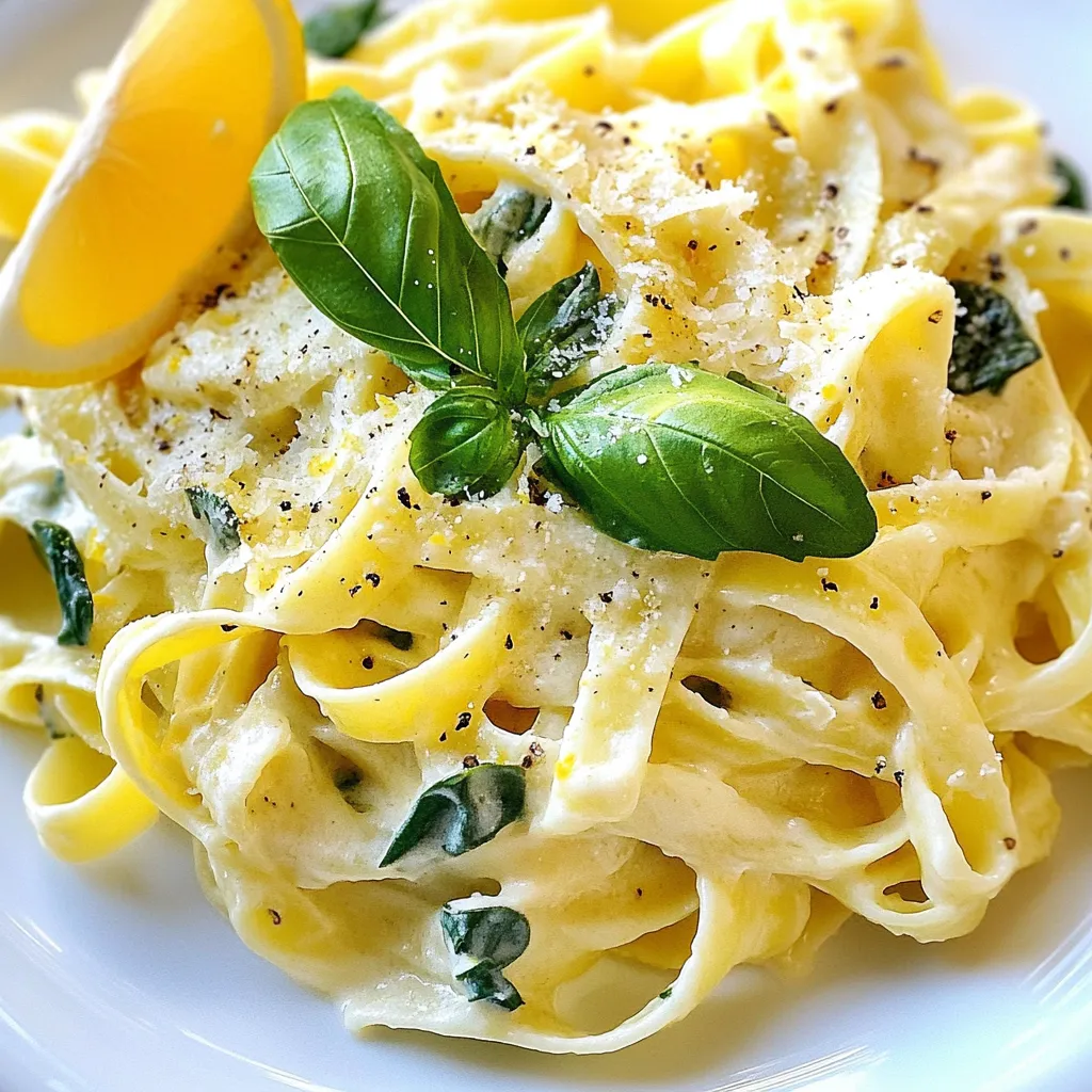 To make this tasty dish, gather these simple ingredients: - 8 oz. fettuccine or spaghetti - 1 cup heavy cream - 1 tablespoon lemon zest - 1/4 cup fresh lemon juice - 1/2 cup grated Parmesan cheese - 2 tablespoons unsalted butter - 2 cloves garlic, minced - 1 cup fresh spinach, chopped - 1/4 cup fresh basil, chopped - Salt and pepper to taste - Optional: extra lemon wedges for garnish These ingredients create a rich and bright flavor. The lemon adds zest, while the cream makes it smooth. To cook this dish, you will need a few key tools: - Large pot for boiling pasta - Large skillet for making the sauce - Measuring cups and spoons - Wooden spoon or spatula for stirring - Colander for draining pasta Having the right tools makes cooking easier and more fun. You can make your dish even better with these additions: - Extra lemon wedges for a fresh touch - Toasted pine nuts for crunch - Grilled chicken or shrimp for protein - Cherry tomatoes for a pop of color These options let you customize your creamy lemon herb pasta. Mix and match to find your favorite version! {{ingredient_image_1}} To start, bring a large pot of salted water to a boil. This adds flavor to the pasta. Add 8 oz. of fettuccine or spaghetti into the boiling water. Cook according to the package instructions until it is al dente. This means it is firm but not hard. Once done, drain the pasta and save 1/2 cup of the water. This water is starchy and will help the sauce later. In a large skillet, melt 2 tablespoons of unsalted butter over medium heat. When the butter is melted, add 2 cloves of minced garlic. Sauté the garlic for about 1 minute until it smells nice. Make sure it does not brown. Next, pour in 1 cup of heavy cream, 1 tablespoon of lemon zest, and 1/4 cup of fresh lemon juice. Stir this mixture well and let it simmer for about 3 minutes. This helps the sauce thicken a bit. After that, add 1/2 cup of grated Parmesan cheese and stir until it melts. If the sauce feels too thick, add some of that reserved pasta water until it reaches the right consistency. Now it’s time to mix everything! Add the cooked pasta into the skillet with the cream sauce. Toss it well so the pasta is coated. Then, fold in 1 cup of chopped fresh spinach and 1/4 cup of chopped fresh basil. Cook this just long enough for the spinach to wilt. Finally, taste the dish and add salt and pepper as needed. Serve the creamy lemon herb pasta hot, and if you like, add extra lemon wedges for a fresh touch. Enjoy your meal! To make your sauce creamy, start with heavy cream. It has a rich flavor. When you add the Parmesan cheese, stir it in slowly. This helps it melt well. If the sauce feels too thick, use some reserved pasta water. This adds creaminess and helps blend the flavors. If you need a lighter option, try half-and-half instead of heavy cream. For a dairy-free version, use coconut milk. This gives a nice creamy texture too. If you are gluten-free, choose gluten-free pasta. These swaps keep the dish tasty and enjoyable for everyone. Fresh herbs make a big difference. I love adding basil for a sweet flavor. You can also try parsley or thyme. For a kick, sprinkle in some red pepper flakes. This adds warmth without too much heat. Always taste your sauce before serving to balance the flavors. Pro Tips Use Fresh Ingredients: Fresh herbs and a real lemon will enhance the flavor of your creamy sauce significantly. Adjust Creaminess: If you prefer a lighter sauce, substitute half of the heavy cream with vegetable or chicken broth. Perfect Pasta Cooking: Always reserve some pasta water to help adjust the sauce consistency when combining. Flavor Variation: Add grilled chicken or shrimp for added protein, making it a more hearty meal. {{image_2}} You can easily add protein to your creamy lemon herb pasta. Chicken is a great option. Simply cook bite-sized pieces in the skillet before adding garlic. Shrimp also works well. Sauté shrimp in butter until they turn pink. Mix them in with the pasta for a filling meal. If you want a vegetarian or vegan dish, swap the heavy cream with coconut cream. Use nutritional yeast instead of Parmesan for a cheesy flavor. You can also add more veggies like mushrooms or bell peppers for extra texture. These changes keep the dish creamy and tasty while fitting your diet. You can change the veggies based on the season. In spring, try adding asparagus or peas for a fresh taste. During summer, cherry tomatoes add color and sweetness. In fall, consider roasted butternut squash for a warm flavor. Winter calls for hearty greens like kale or Swiss chard. These seasonal swaps keep your dish exciting and full of flavor. After enjoying your creamy lemon herb pasta, store leftovers in an airtight container. Make sure the pasta cools first. This helps keep it fresh. Place it in the fridge if you plan to eat it within three days. To avoid sogginess, try not to mix in extra sauce before storing. When you’re ready to enjoy your leftovers, reheat them slowly. You can use a skillet over low heat. Add a splash of water or extra cream to keep it creamy. Stir often to heat evenly. If you're in a hurry, a microwave works too. Just cover the dish and heat in short intervals. You can freeze creamy lemon herb pasta for later. First, let it cool completely. Then, place it in a freezer-safe bag or container. Remove as much air as you can. It can last up to three months in the freezer. When ready to eat, thaw it in the fridge overnight before reheating. Yes, you can prepare Creamy Lemon Herb Pasta ahead of time. Cook the pasta and make the sauce. Store them separately in the fridge. Keep the pasta in a sealed container. Store the sauce in another container. When you are ready to eat, heat the sauce and mix it with the pasta. Add fresh herbs and season again for the best flavor. If you need a substitute for heavy cream, try using half-and-half. You can also mix milk with butter. Use three-quarters cup of milk with a quarter cup of melted butter. This mix gives a creamy texture. For a lighter option, use Greek yogurt or cashew cream. These alternatives change the flavor a bit but still taste great. Yes, Creamy Lemon Herb Pasta is perfect for meal prep. It stays fresh when stored correctly. You can pack it in meal prep containers. This dish is great for lunch or dinner throughout the week. Just remember to store the pasta and sauce separately. Reheat them together when you are ready to eat. It’s quick and delicious! You’ve learned how to make Creamy Lemon Herb Pasta from scratch. We covered the key ingredients, cooking methods, and even tips for personalizing your dish. Don't forget to try different proteins and veggies to make it your own. Proper storage ensures you enjoy leftovers without losing flavor. Keep these ideas in mind as you cook and experiment. Enjoy your tasty pasta, and share your creations with friends and family!