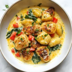 - 1 pound gnocchi - 2 boneless, skinless chicken breasts, cut into bite-sized pieces - 2 tablespoons Cajun seasoning - 2 tablespoons olive oil - 1 medium onion, finely chopped - 3 cloves garlic, minced - 1 red bell pepper, diced - 1 cup heavy cream - 1 cup chicken broth - 1 cup spinach, roughly chopped - 1/2 cup grated Parmesan cheese - Salt and pepper to taste - Fresh parsley for garnish Gnocchi is the star here. It cooks quickly and adds a nice chewy texture. You can find it in most grocery stores. I use 1 pound, which serves about four people. The chicken provides protein and absorbs the Cajun flavors well. I take two boneless, skinless chicken breasts and cut them into bite-sized pieces. Cajun seasoning is crucial. It brings that spicy, earthy flavor. I use 2 tablespoons, but you can adjust it to your taste. For the additional ingredients, olive oil helps to sear the chicken and sauté the veggies. I chop 1 medium onion and add 3 minced garlic cloves. These aromatics build a great base. Next, I dice 1 red bell pepper for sweetness and color. Heavy cream creates that rich sauce, while chicken broth adds depth. I usually grab 1 cup of each. Spinach offers a fresh touch and a pop of green. I chop 1 cup roughly. Parmesan cheese adds creaminess and flavor, so I use 1/2 cup grated. Lastly, salt and pepper to taste, plus fresh parsley for a bright garnish. With these ingredients, you will create a delicious and comforting dish that is easy to make! {{ingredient_image_1}} To cook the gnocchi, start by bringing a large pot of salted water to a boil. Add the gnocchi and watch closely. They will float when they are done, usually in about 2-3 minutes. Use a slotted spoon to remove them and set them aside. For the best texture, don’t overcook them. They should be soft but still have a slight bite. Next, season your chicken. In a bowl, mix the chicken pieces with Cajun seasoning. Make sure each piece is coated well. Heat olive oil in a large skillet over medium-high heat. Sear the chicken for 5-7 minutes until it is browned and cooked through. Remove the chicken from the pan and set it aside. The chicken should be juicy and flavorful. In the same skillet, add the chopped onion and diced red bell pepper. Sauté them for about 3-4 minutes until the onions become translucent. This step builds great flavor. Add minced garlic and cook for another minute. The garlic should smell very fragrant but not burn. Pour in the chicken broth to deglaze the pan. Scrape any browned bits off the bottom. This adds depth to your sauce. Bring the broth to a simmer, then reduce the heat. Stir in the heavy cream and let it simmer gently. This should take just a few minutes. The sauce will get rich and creamy. Now it’s time to put it all together. Add the cooked chicken, chopped spinach, and gnocchi to the sauce. Stir well to combine. Finally, mix in the grated Parmesan cheese. Keep stirring until the cheese melts and everything is creamy. If the sauce is too thick, add a splash of chicken broth. Serve your creamy Cajun chicken gnocchi hot. For a nice touch, garnish with fresh parsley. This adds a pop of color and freshness. Make sure to serve it warm for the best taste. Enjoy your delicious meal! - Adjusting spice levels: Start with two tablespoons of Cajun seasoning. This gives a nice kick. If you prefer less heat, use one tablespoon. For more spice, add another half tablespoon. Taste as you go to find your sweet spot. - Making a homemade Cajun seasoning: Mix these spices for a quick blend: one tablespoon paprika, one teaspoon garlic powder, one teaspoon onion powder, one teaspoon thyme, and a pinch of cayenne. This mix is fresh and full of flavor. You can tweak it based on what you like. - Common mistakes to avoid: Always cook gnocchi in salted boiling water. Don’t overcrowd the pot. This helps them cook evenly. Watch for the gnocchi to float. Once they do, they're ready. Finally, don’t overcook them, or they can turn mushy. - Alternative cooking methods: You can pan-fry cooked gnocchi for extra flavor. Heat some olive oil in a skillet and add the gnocchi. Cook until golden brown for a nice texture. - Substitutes for heavy cream: If you want a lighter dish, use half-and-half. You can also mix milk with a bit of cornstarch to thicken it. Another option is to use coconut cream for a unique twist. - Adding yogurt or cream cheese options: For a tangy flavor, stir in plain Greek yogurt. It adds creaminess without too many calories. Cream cheese is another great choice. Just mix it into the sauce until it melts and thickens. Pro Tips Perfect Gnocchi Cooking: Always cook gnocchi in salted boiling water until they float to the top, indicating they are done. This ensures a light and fluffy texture. Chicken Browning: For best results, ensure the chicken pieces are not overcrowded in the skillet. This allows for proper browning and enhances flavor. Adjusting Spice Levels: If you prefer a milder dish, reduce the Cajun seasoning or add a bit of cream to tone down the heat without losing flavor. Fresh Spinach Addition: Add spinach towards the end of cooking to retain its vibrant color and nutrients, ensuring it wilts perfectly without overcooking. {{image_2}} You can switch up the protein in this dish to keep it fresh. - Shrimp: Use peeled shrimp instead of chicken. Cook them quickly in the skillet. They take about 3-4 minutes to turn pink. - Sausage: Try andouille or chicken sausage for a different flavor. Slice the sausage and cook it until browned. - Vegetarian Alternatives: Use mushrooms or tofu for a plant-based option. Both absorb flavors well and add great texture. If you need gluten-free, there are great options. - Gluten-Free Gnocchi Brands: Look for brands like Capello's or Buitoni. They offer tasty gluten-free gnocchi. - Alternative Thickening Methods: Use cornstarch or arrowroot powder to thicken the sauce. Mix it with a bit of water before adding to the skillet. Adding more veggies can make this dish even better. - Options for Adding More Veggies: Try zucchini, broccoli, or peas. They add color and nutrients. - Seasonal Variations: Use seasonal veggies like asparagus in spring or squash in fall. They enhance the dish and make it unique. Store leftover Creamy Cajun Chicken Gnocchi in an airtight container. Keep it in the fridge. It stays fresh for up to 3 days. Before using, check for any off smells or changes in texture. You can freeze this dish for later use. Place the cooled gnocchi mix in a freezer-safe bag. Remove as much air as possible. It will last up to 3 months in the freezer. When ready to eat, thaw it overnight in the fridge. To reheat, use a skillet over medium heat. Add a splash of chicken broth to keep it moist. Stir gently to avoid mushy gnocchi. You can also use a microwave, but stir halfway through heating. This helps keep the texture just right. Cajun seasoning is a blend of spices. It usually includes paprika, cayenne, garlic powder, onion powder, and black pepper. This mix gives dishes a warm, smoky, and slightly spicy flavor. It brings a fun kick to any meal, especially in this creamy dish. Yes, you can make Creamy Cajun Chicken Gnocchi ahead of time. Cook the dish fully, then let it cool. Store it in an airtight container in the fridge for up to three days. When ready to eat, just reheat it on the stove over low heat. You may need to add a splash of chicken broth or cream to keep it creamy. This dish pairs well with many sides. Try a simple green salad with a light vinaigrette. Garlic bread is also a great choice for soaking up the creamy sauce. Steamed broccoli or roasted asparagus adds a nice veggie touch. The spice level in this dish depends on the Cajun seasoning you use. If you like it mild, use less seasoning. You can also add a touch of sugar to balance the heat. For more spice, add extra Cajun seasoning or a dash of hot sauce. Yes, you can swap gnocchi for other pasta types. Penne, fusilli, or even fettuccine work well in this creamy sauce. Just follow the cooking times on the package for the best texture. You can still enjoy the rich flavors with other pasta options! This blog post covers how to make a tasty dish with gnocchi, chicken, and Cajun spices. You learned about key ingredients, from veggies to cream, and how to cook each part step by step. I shared tips for perfecting flavors and avoiding mistakes. Remember, you can change the recipe with proteins or veggies you like and store leftovers properly. Enjoy creating your dish and experimenting with flavors. Each step helps you make your dinner special!