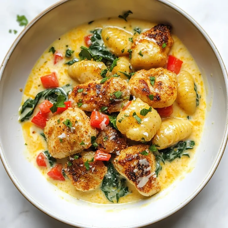 - 1 pound gnocchi - 2 boneless, skinless chicken breasts, cut into bite-sized pieces - 2 tablespoons Cajun seasoning - 2 tablespoons olive oil - 1 medium onion, finely chopped - 3 cloves garlic, minced - 1 red bell pepper, diced - 1 cup heavy cream - 1 cup chicken broth - 1 cup spinach, roughly chopped - 1/2 cup grated Parmesan cheese - Salt and pepper to taste - Fresh parsley for garnish Gnocchi is the star here. It cooks quickly and adds a nice chewy texture. You can find it in most grocery stores. I use 1 pound, which serves about four people. The chicken provides protein and absorbs the Cajun flavors well. I take two boneless, skinless chicken breasts and cut them into bite-sized pieces. Cajun seasoning is crucial. It brings that spicy, earthy flavor. I use 2 tablespoons, but you can adjust it to your taste. For the additional ingredients, olive oil helps to sear the chicken and sauté the veggies. I chop 1 medium onion and add 3 minced garlic cloves. These aromatics build a great base. Next, I dice 1 red bell pepper for sweetness and color. Heavy cream creates that rich sauce, while chicken broth adds depth. I usually grab 1 cup of each. Spinach offers a fresh touch and a pop of green. I chop 1 cup roughly. Parmesan cheese adds creaminess and flavor, so I use 1/2 cup grated. Lastly, salt and pepper to taste, plus fresh parsley for a bright garnish. With these ingredients, you will create a delicious and comforting dish that is easy to make! {{ingredient_image_1}} To cook the gnocchi, start by bringing a large pot of salted water to a boil. Add the gnocchi and watch closely. They will float when they are done, usually in about 2-3 minutes. Use a slotted spoon to remove them and set them aside. For the best texture, don’t overcook them. They should be soft but still have a slight bite. Next, season your chicken. In a bowl, mix the chicken pieces with Cajun seasoning. Make sure each piece is coated well. Heat olive oil in a large skillet over medium-high heat. Sear the chicken for 5-7 minutes until it is browned and cooked through. Remove the chicken from the pan and set it aside. The chicken should be juicy and flavorful. In the same skillet, add the chopped onion and diced red bell pepper. Sauté them for about 3-4 minutes until the onions become translucent. This step builds great flavor. Add minced garlic and cook for another minute. The garlic should smell very fragrant but not burn. Pour in the chicken broth to deglaze the pan. Scrape any browned bits off the bottom. This adds depth to your sauce. Bring the broth to a simmer, then reduce the heat. Stir in the heavy cream and let it simmer gently. This should take just a few minutes. The sauce will get rich and creamy. Now it’s time to put it all together. Add the cooked chicken, chopped spinach, and gnocchi to the sauce. Stir well to combine. Finally, mix in the grated Parmesan cheese. Keep stirring until the cheese melts and everything is creamy. If the sauce is too thick, add a splash of chicken broth. Serve your creamy Cajun chicken gnocchi hot. For a nice touch, garnish with fresh parsley. This adds a pop of color and freshness. Make sure to serve it warm for the best taste. Enjoy your delicious meal! - Adjusting spice levels: Start with two tablespoons of Cajun seasoning. This gives a nice kick. If you prefer less heat, use one tablespoon. For more spice, add another half tablespoon. Taste as you go to find your sweet spot. - Making a homemade Cajun seasoning: Mix these spices for a quick blend: one tablespoon paprika, one teaspoon garlic powder, one teaspoon onion powder, one teaspoon thyme, and a pinch of cayenne. This mix is fresh and full of flavor. You can tweak it based on what you like. - Common mistakes to avoid: Always cook gnocchi in salted boiling water. Don’t overcrowd the pot. This helps them cook evenly. Watch for the gnocchi to float. Once they do, they're ready. Finally, don’t overcook them, or they can turn mushy. - Alternative cooking methods: You can pan-fry cooked gnocchi for extra flavor. Heat some olive oil in a skillet and add the gnocchi. Cook until golden brown for a nice texture. - Substitutes for heavy cream: If you want a lighter dish, use half-and-half. You can also mix milk with a bit of cornstarch to thicken it. Another option is to use coconut cream for a unique twist. - Adding yogurt or cream cheese options: For a tangy flavor, stir in plain Greek yogurt. It adds creaminess without too many calories. Cream cheese is another great choice. Just mix it into the sauce until it melts and thickens. Pro Tips Perfect Gnocchi Cooking: Always cook gnocchi in salted boiling water until they float to the top, indicating they are done. This ensures a light and fluffy texture. Chicken Browning: For best results, ensure the chicken pieces are not overcrowded in the skillet. This allows for proper browning and enhances flavor. Adjusting Spice Levels: If you prefer a milder dish, reduce the Cajun seasoning or add a bit of cream to tone down the heat without losing flavor. Fresh Spinach Addition: Add spinach towards the end of cooking to retain its vibrant color and nutrients, ensuring it wilts perfectly without overcooking. {{image_2}} You can switch up the protein in this dish to keep it fresh. - Shrimp: Use peeled shrimp instead of chicken. Cook them quickly in the skillet. They take about 3-4 minutes to turn pink. - Sausage: Try andouille or chicken sausage for a different flavor. Slice the sausage and cook it until browned. - Vegetarian Alternatives: Use mushrooms or tofu for a plant-based option. Both absorb flavors well and add great texture. If you need gluten-free, there are great options. - Gluten-Free Gnocchi Brands: Look for brands like Capello's or Buitoni. They offer tasty gluten-free gnocchi. - Alternative Thickening Methods: Use cornstarch or arrowroot powder to thicken the sauce. Mix it with a bit of water before adding to the skillet. Adding more veggies can make this dish even better. - Options for Adding More Veggies: Try zucchini, broccoli, or peas. They add color and nutrients. - Seasonal Variations: Use seasonal veggies like asparagus in spring or squash in fall. They enhance the dish and make it unique. Store leftover Creamy Cajun Chicken Gnocchi in an airtight container. Keep it in the fridge. It stays fresh for up to 3 days. Before using, check for any off smells or changes in texture. You can freeze this dish for later use. Place the cooled gnocchi mix in a freezer-safe bag. Remove as much air as possible. It will last up to 3 months in the freezer. When ready to eat, thaw it overnight in the fridge. To reheat, use a skillet over medium heat. Add a splash of chicken broth to keep it moist. Stir gently to avoid mushy gnocchi. You can also use a microwave, but stir halfway through heating. This helps keep the texture just right. Cajun seasoning is a blend of spices. It usually includes paprika, cayenne, garlic powder, onion powder, and black pepper. This mix gives dishes a warm, smoky, and slightly spicy flavor. It brings a fun kick to any meal, especially in this creamy dish. Yes, you can make Creamy Cajun Chicken Gnocchi ahead of time. Cook the dish fully, then let it cool. Store it in an airtight container in the fridge for up to three days. When ready to eat, just reheat it on the stove over low heat. You may need to add a splash of chicken broth or cream to keep it creamy. This dish pairs well with many sides. Try a simple green salad with a light vinaigrette. Garlic bread is also a great choice for soaking up the creamy sauce. Steamed broccoli or roasted asparagus adds a nice veggie touch. The spice level in this dish depends on the Cajun seasoning you use. If you like it mild, use less seasoning. You can also add a touch of sugar to balance the heat. For more spice, add extra Cajun seasoning or a dash of hot sauce. Yes, you can swap gnocchi for other pasta types. Penne, fusilli, or even fettuccine work well in this creamy sauce. Just follow the cooking times on the package for the best texture. You can still enjoy the rich flavors with other pasta options! This blog post covers how to make a tasty dish with gnocchi, chicken, and Cajun spices. You learned about key ingredients, from veggies to cream, and how to cook each part step by step. I shared tips for perfecting flavors and avoiding mistakes. Remember, you can change the recipe with proteins or veggies you like and store leftovers properly. Enjoy creating your dish and experimenting with flavors. Each step helps you make your dinner special!